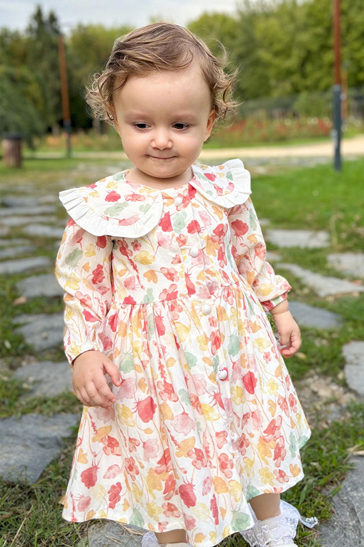 Kız Bebek Kız Çocuk Çiçekli Bebe Yaka Düğmeli Uzun Kollu Doğum Günü Parti Özel Gün Bayramlık Astarlı Elbise 