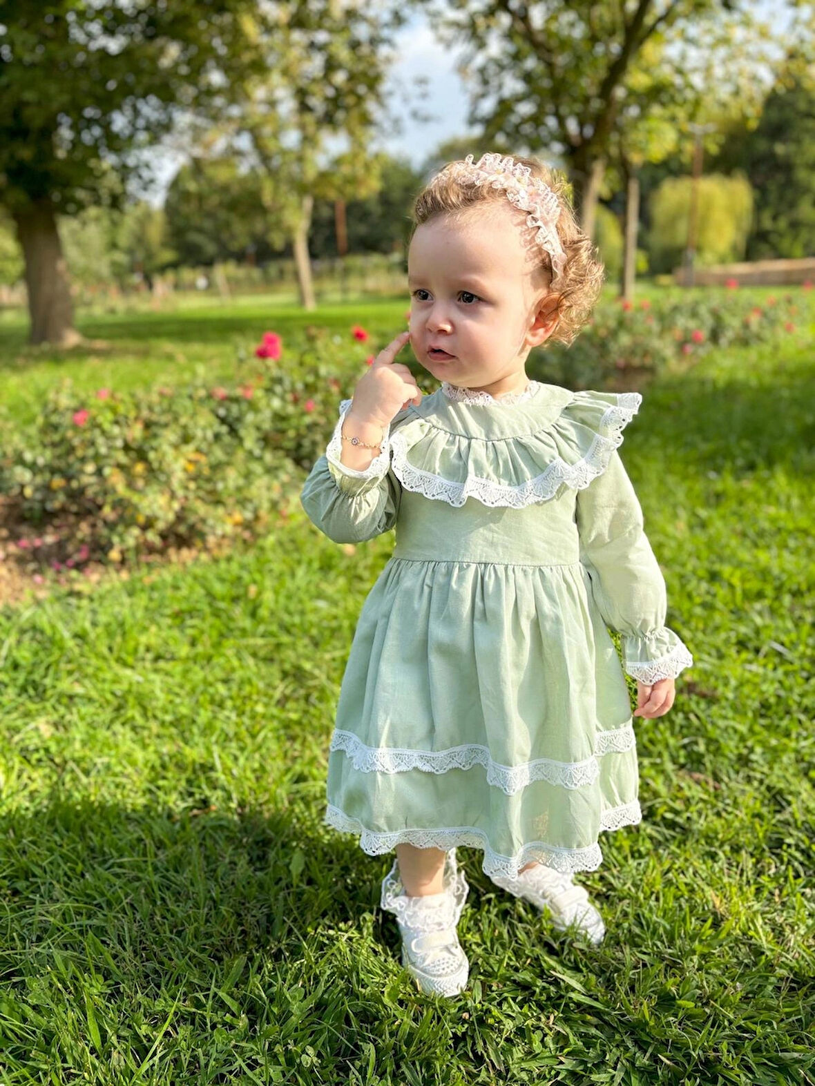 ALYRA Kız Çocuk Bebek Elbise Uzun Kollu Fırfırlı Dantelli Astarlı Özel Gün Parti Doğum Günü Günlük Keten Bayramlık Elbise