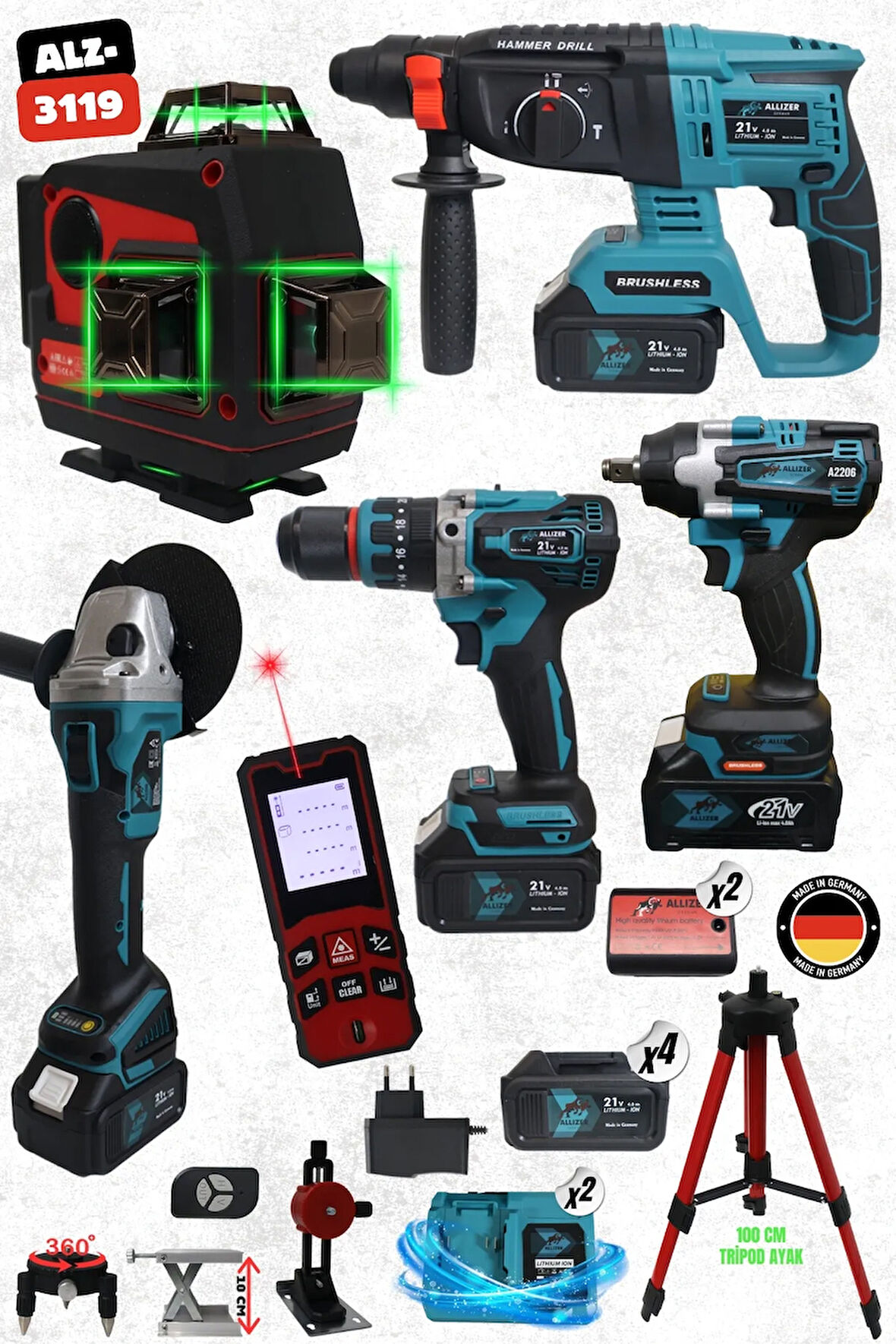ALLİZER 6'LI SET (4 LÜ SET MAVİ +(16 YÖNLÜ LAZER ( HOPARLÖRLÜ ) + 70 M LAZER METRE) )