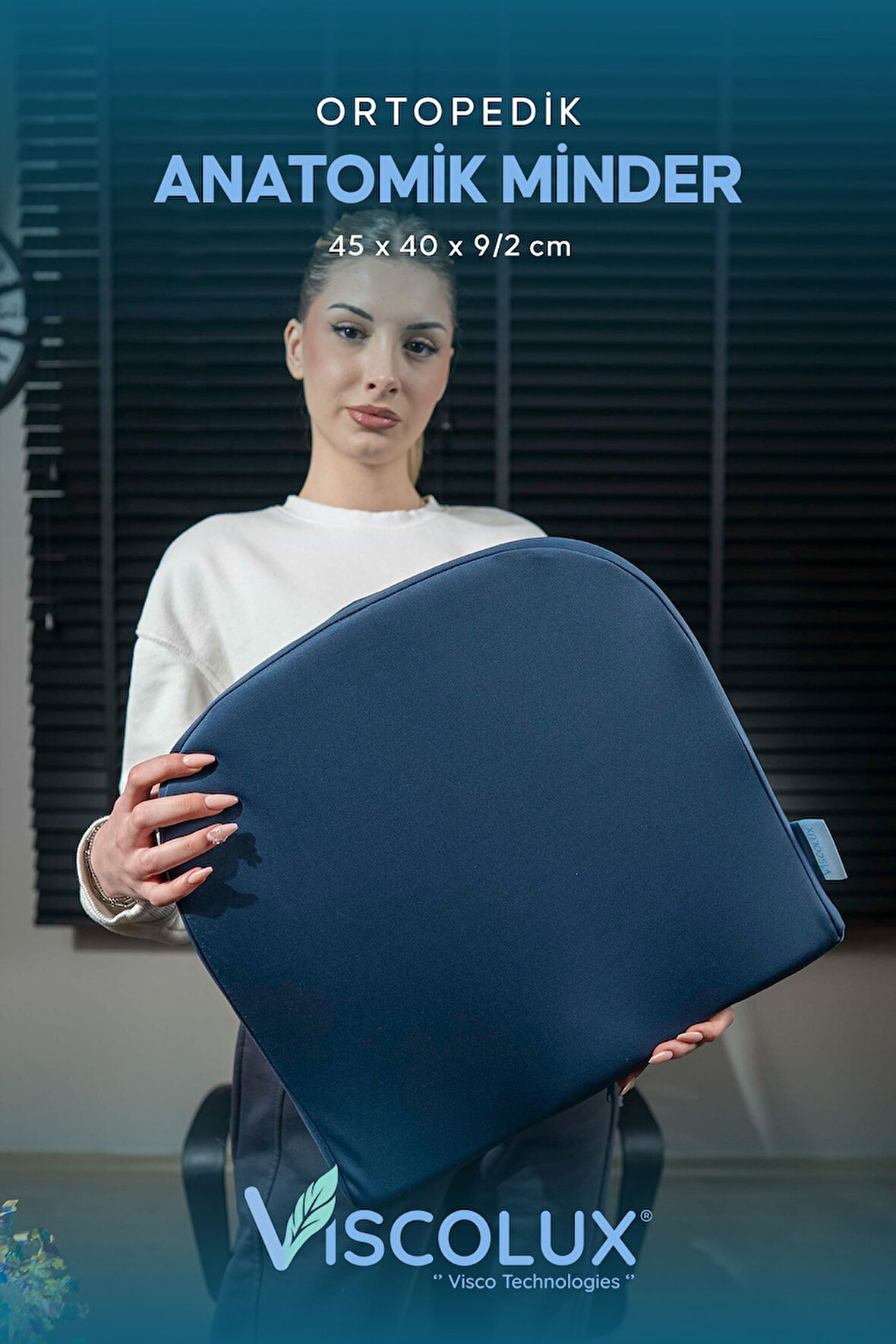 Anatomik Visco Ortopedik Minder - Ofis Araba Sandalye Minderi Mavi 44x36x9/2