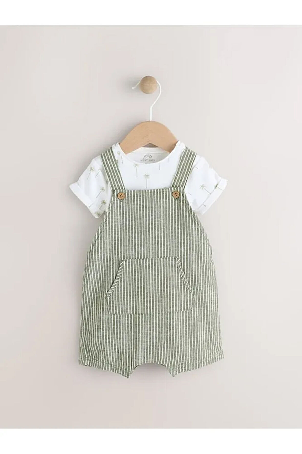 %100 Pamuklu Yeşil Çizgili Salopet Body Zıbın Set