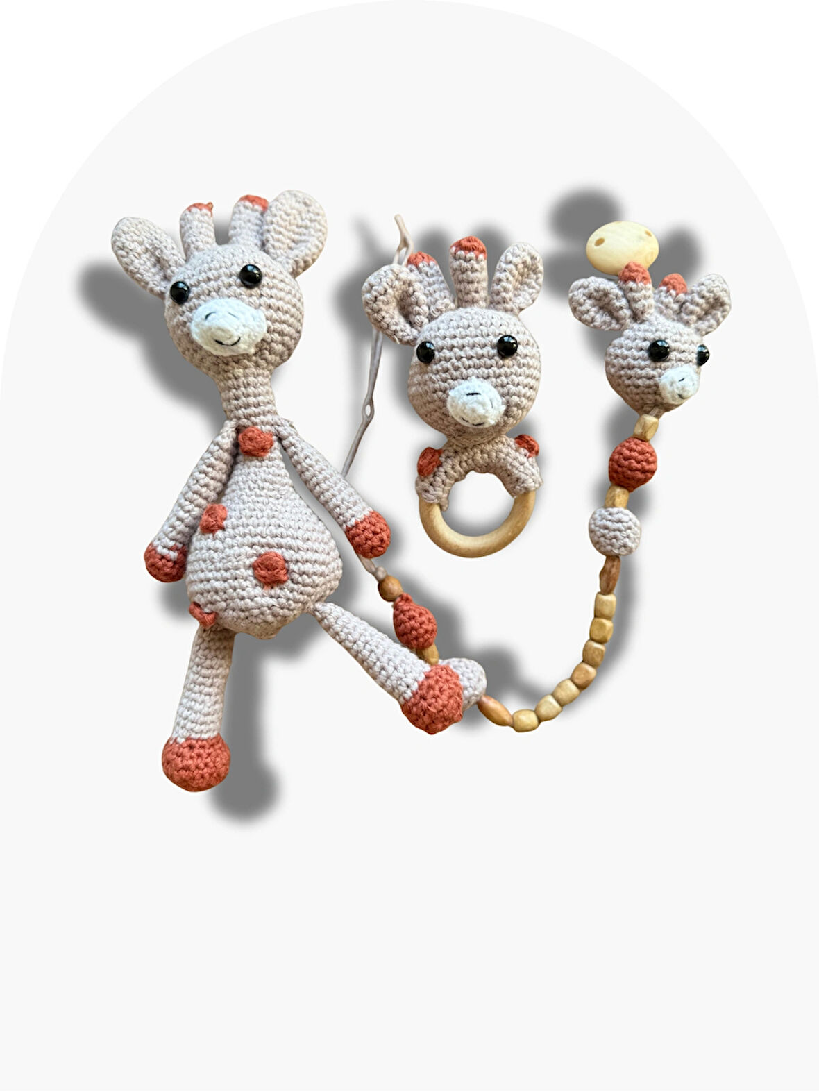 Amigurumi Zürafa Uyku Arkadaşı, Çıngıraklı Diş Kaşıyıcı ve Emzik Zinciri, Yenidoğan Set, Hoşgeldin Bebek