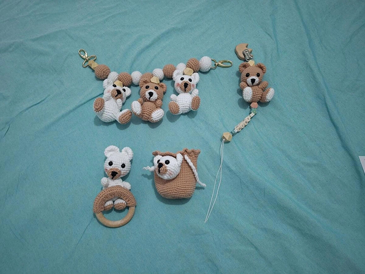 Bebek Arabası Zinciri Biberon Kılıfı Emzik Zinciri ve Çıngırak 4lü set (kişiye özel)