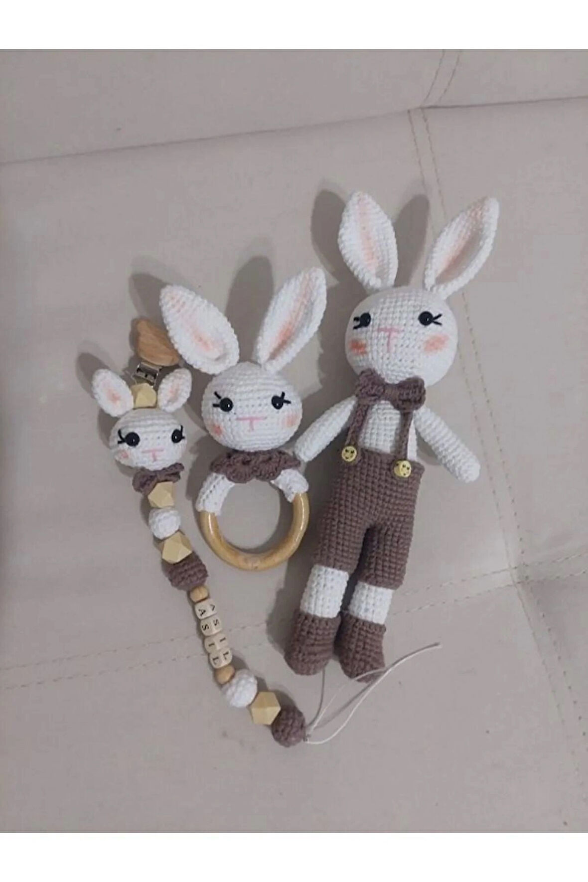 Sevimli tavşan emzik zinciri çıngırak 3lü set(kişiye özel)