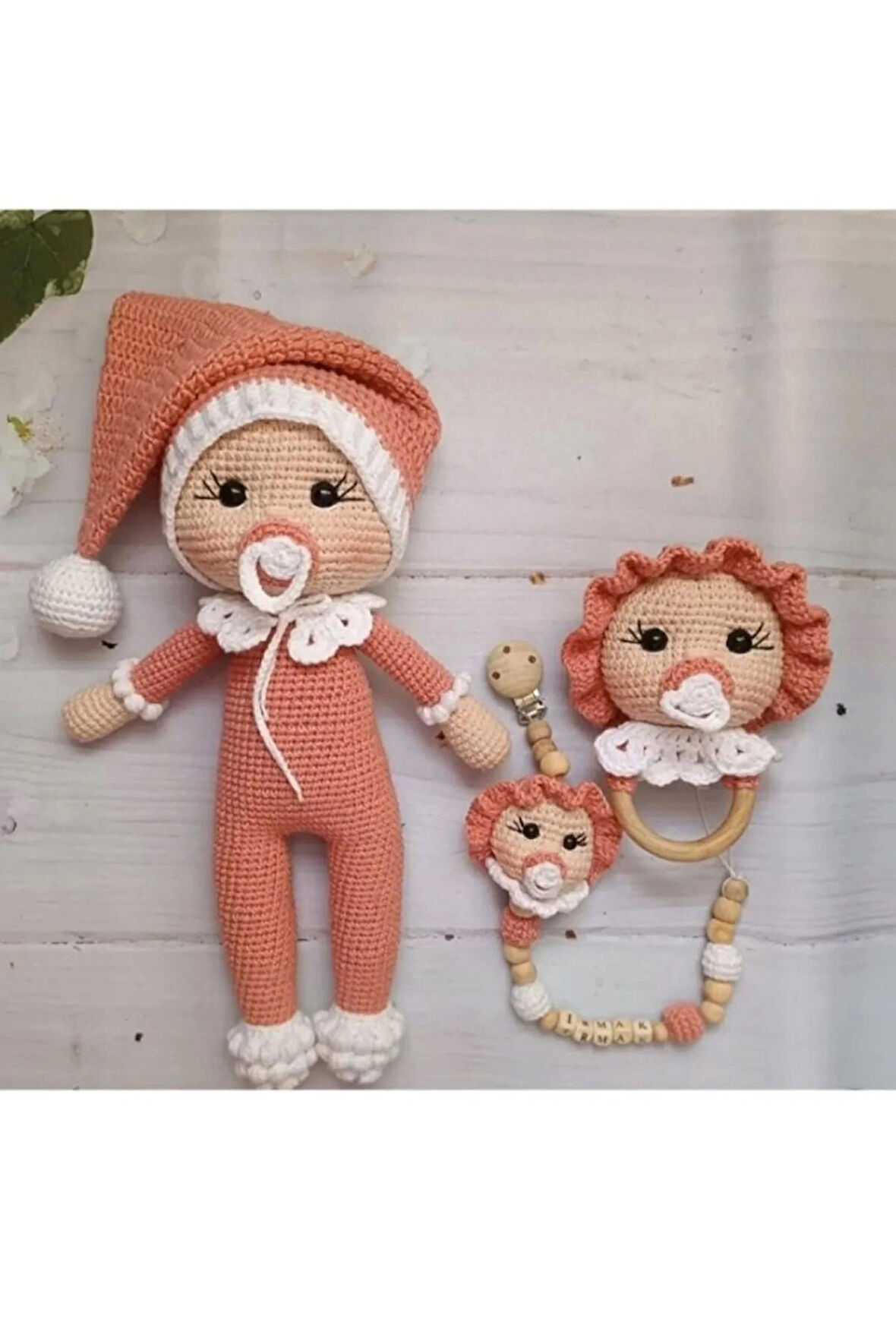 Şapkalı bebek emzik zinciri çıngırak 3lü set(kişiye özel)