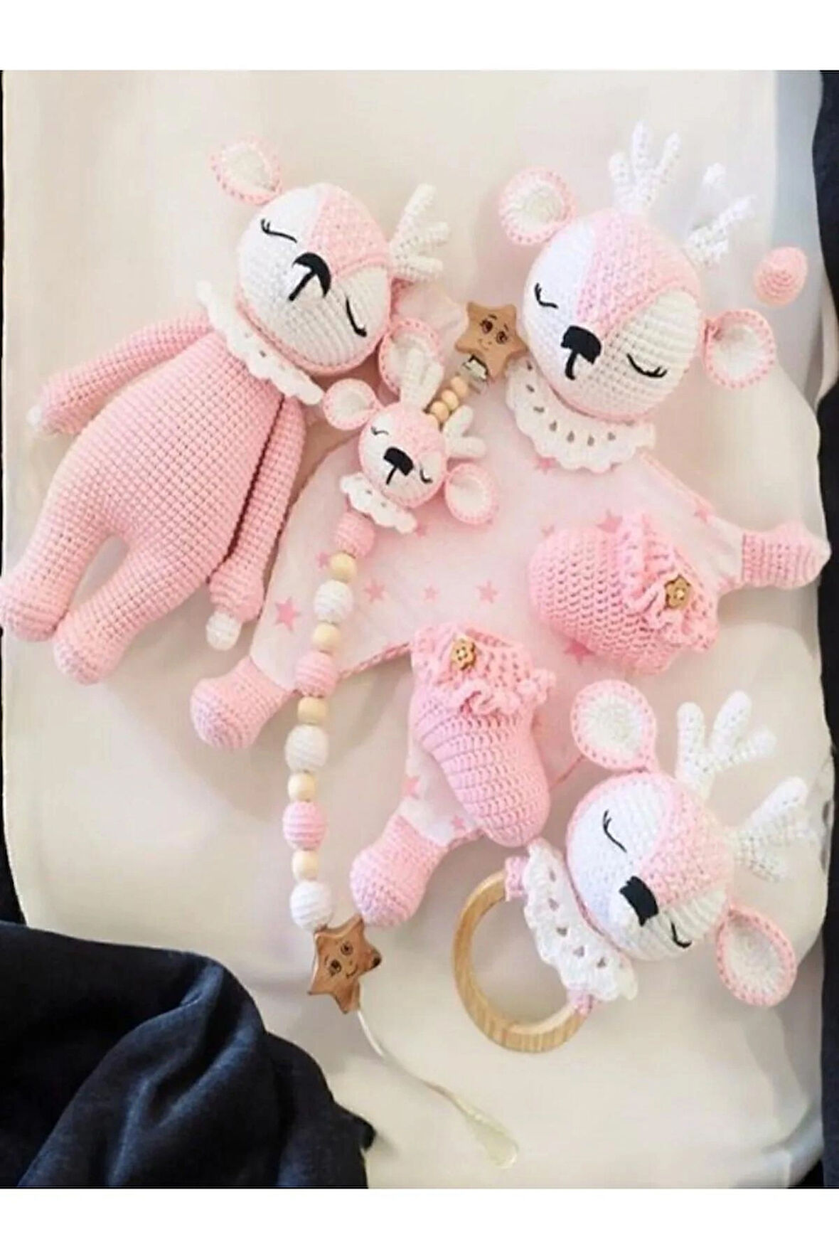  Örgü Pembe Geyik Emzik Zinciri Çıngırak Patik Uyku Arkadaşı 5li Set