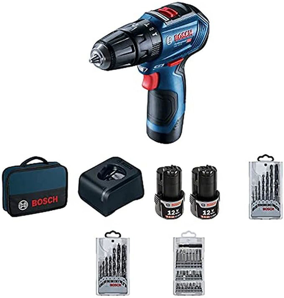 Bosch Professional GSB 12V-30 Akülü Darbeli Delme Vidalama Makinesi + 39 parça vidalama seti (12 Vo