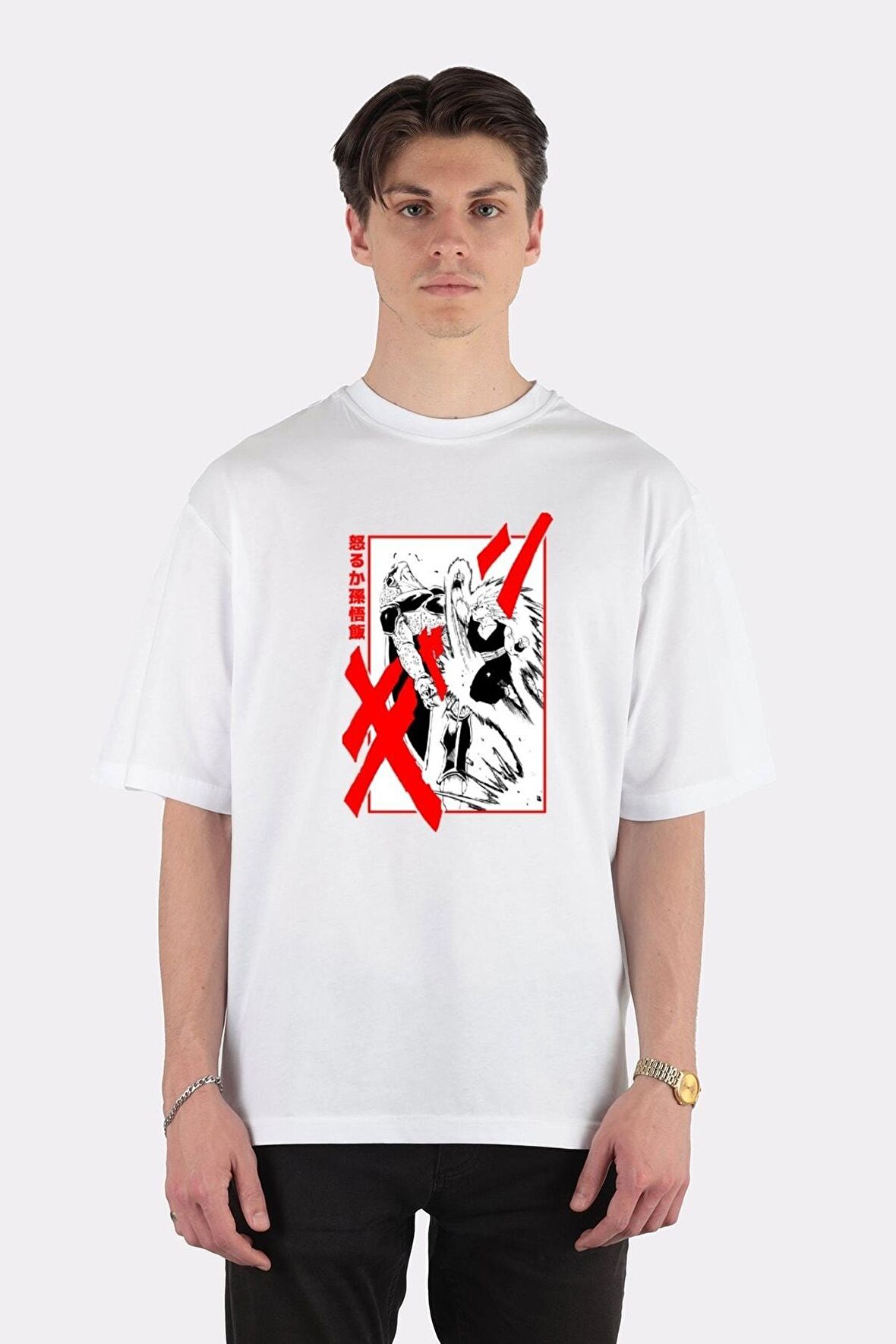 Unisex Beyaz Oversize T-shirt Gohan Vs Cell
