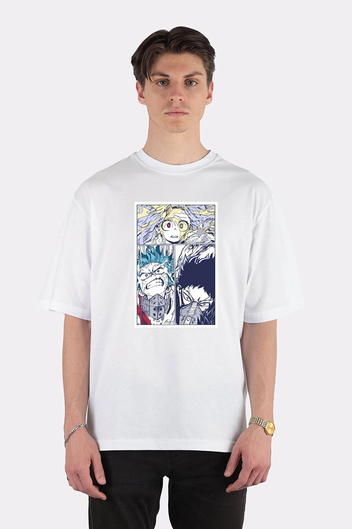 Unisex Beyaz Oversize T-shirt Mha Manga