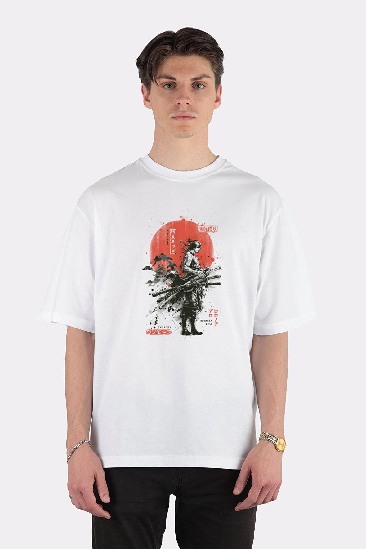 Unisex Beyaz Oversize T-shirt Zoro Samurai Wano Kuni Arc