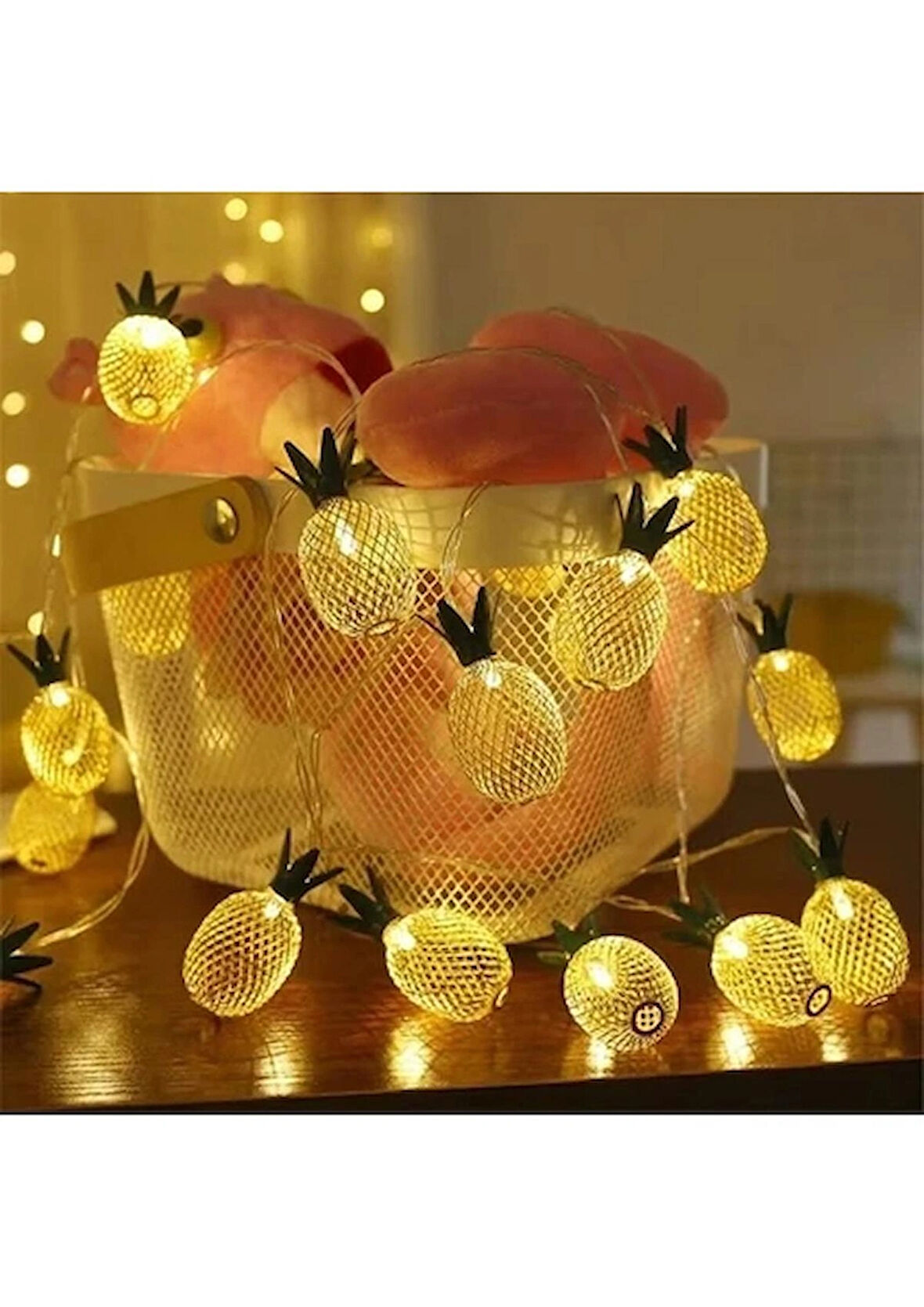 Bak Gel Al Metal Ananas Figürlü 10’lu LED Işık Zinciri | Sıcak Sarı Işık Dekoratif Ev, Parti, Yılbaşı ve Oda Süsleme Aydınlatması