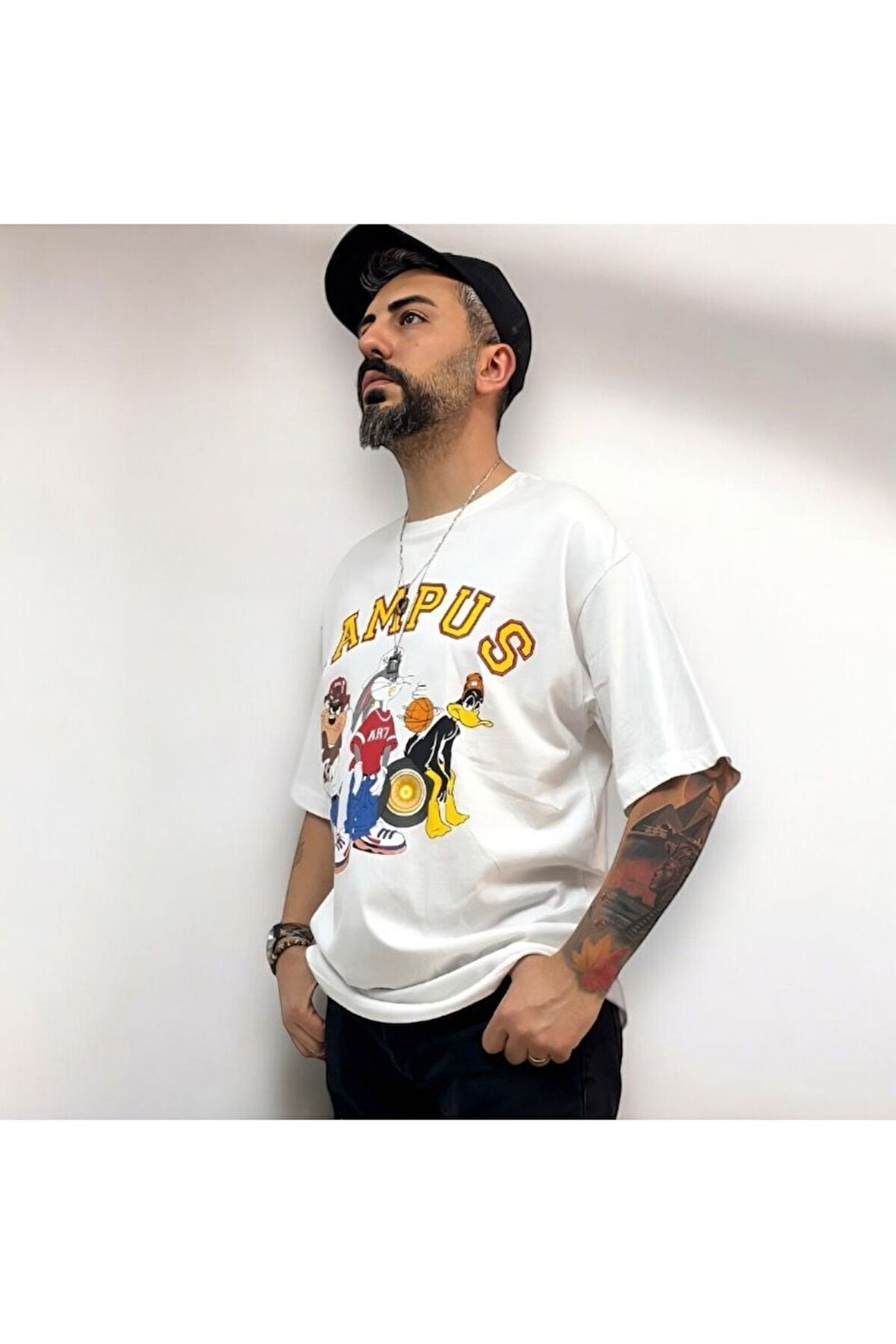 Kampüs Cartoon Tek Taraf Baskılı Oversize Pamuklu T-shirt