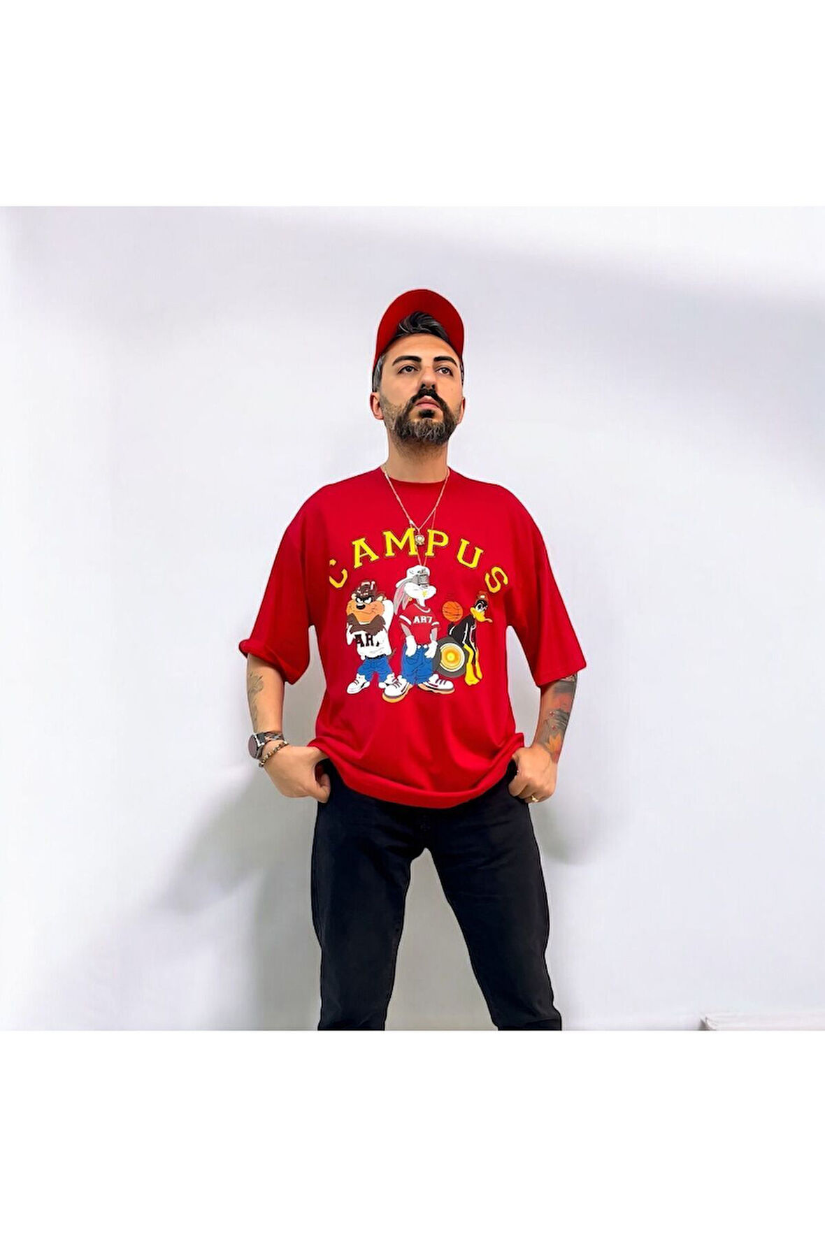 Kampüs Cartoon Tek Taraf Baskılı Oversize Pamuklu T-shirt