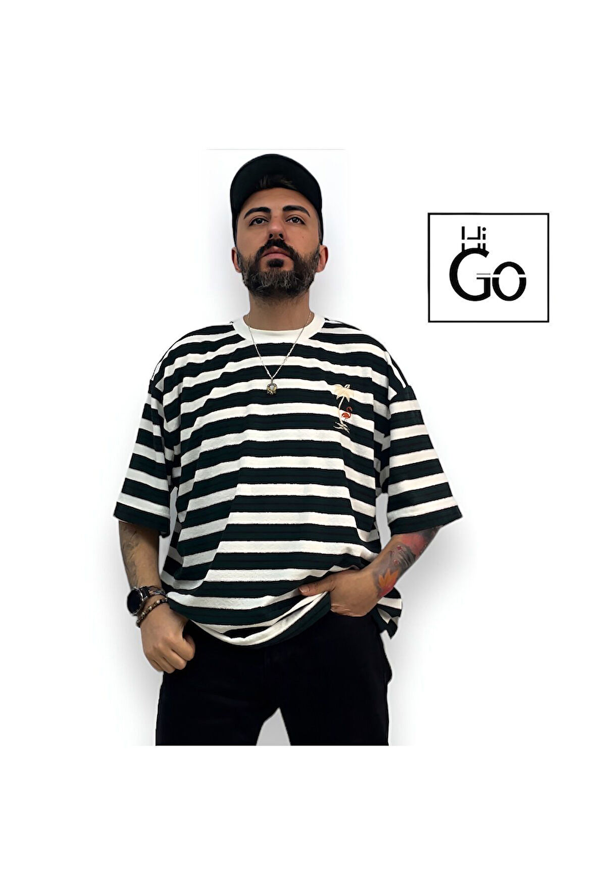 Havlu Kumaş Çizgili Erkek Oversize T-Shirt
