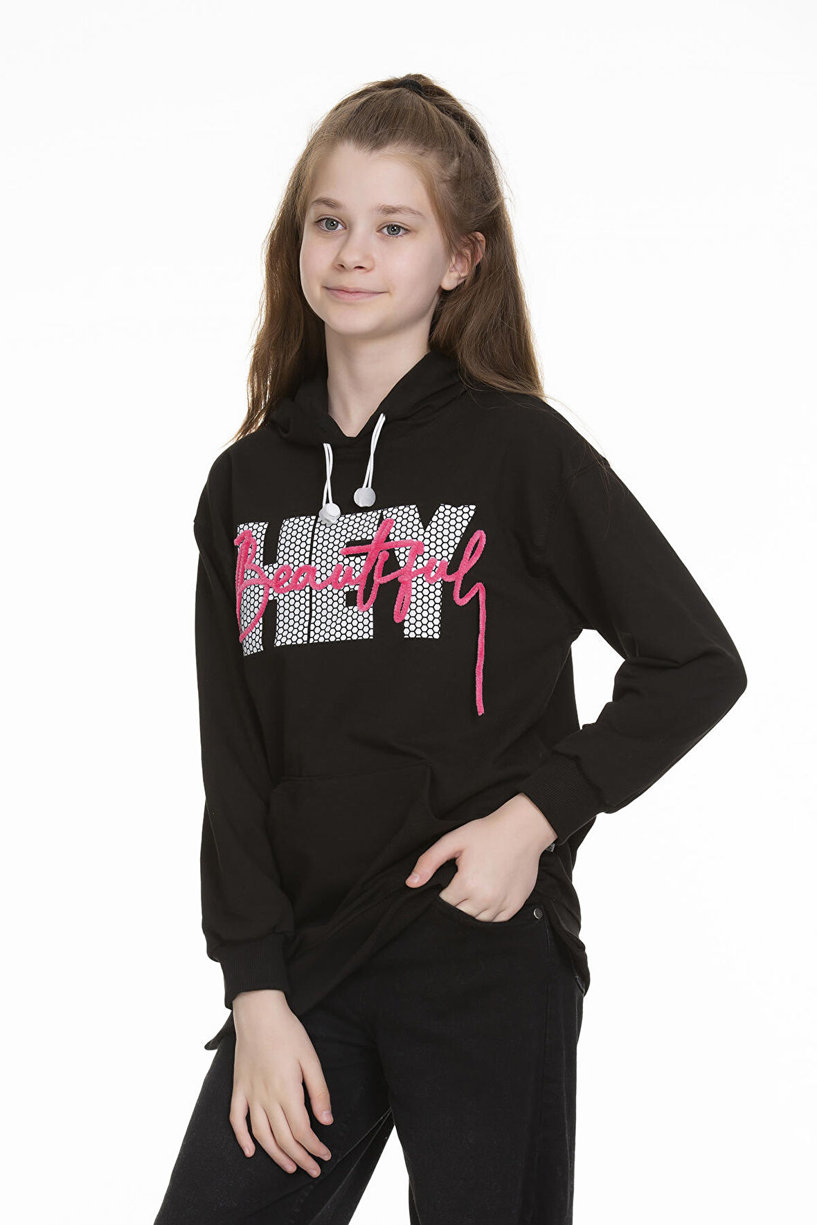 Kız Çocuk Kapüşonlu Kanguru Cepli Sweat 9-14 Yaş Lx154