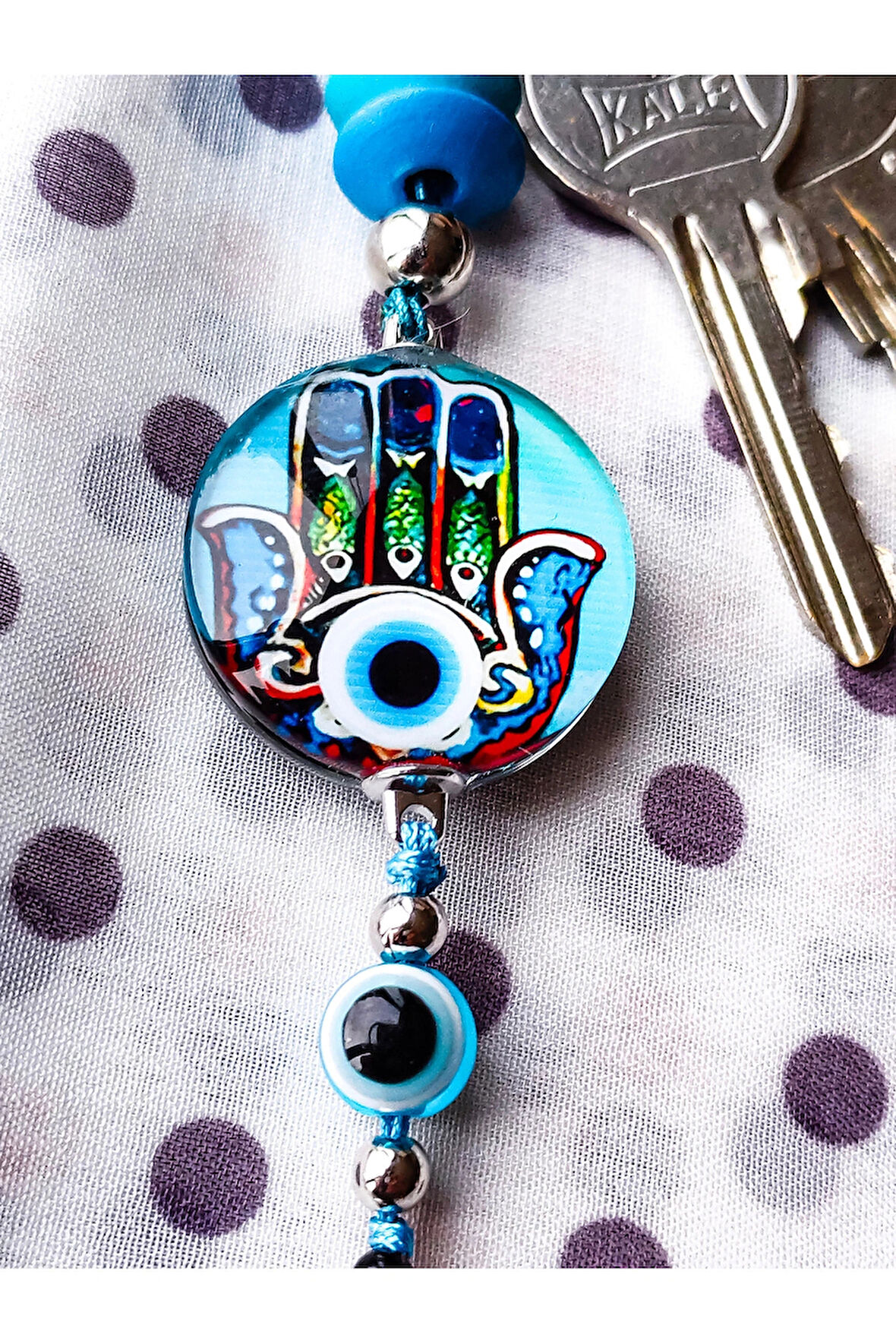 Fatımanın Eli Cam Boncuklu Püsküllü Mavi Anhtarlık