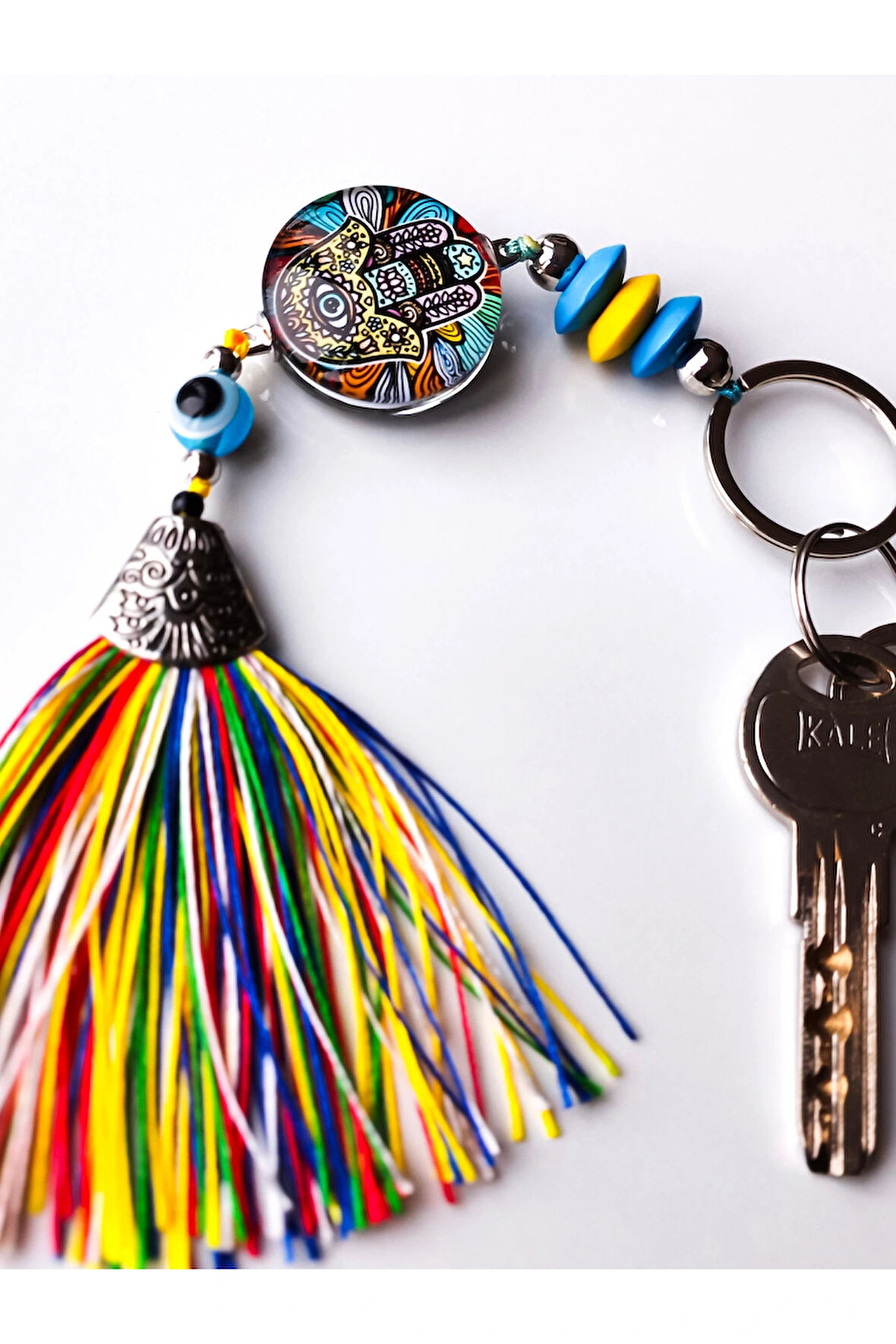 Renkli Fatımanın Eli Cam Boncuklu Renkli Püsküllü Anahtarlık