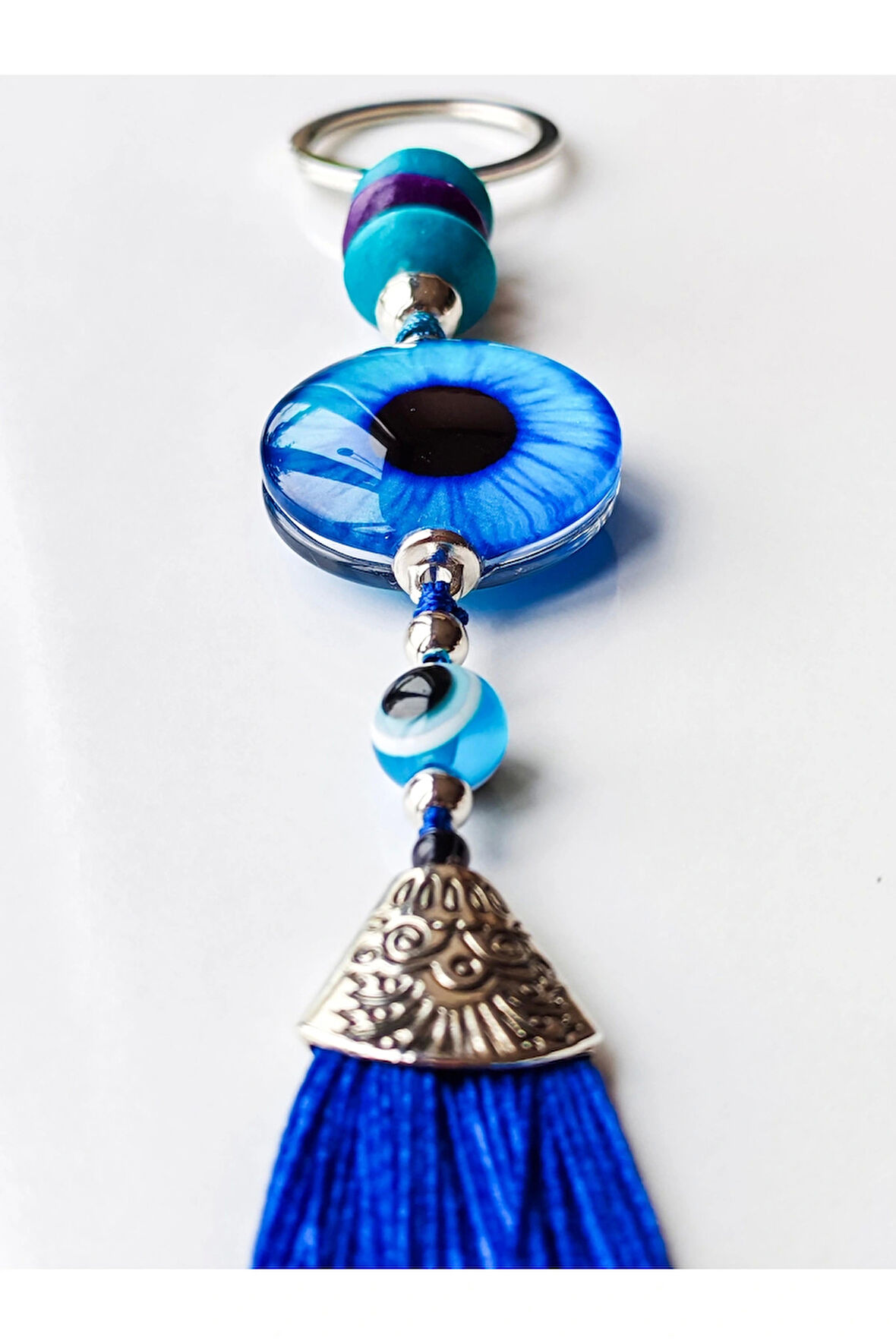 Mavi Cam Boncuklu Lacivert Püsküllü Anahtarlık