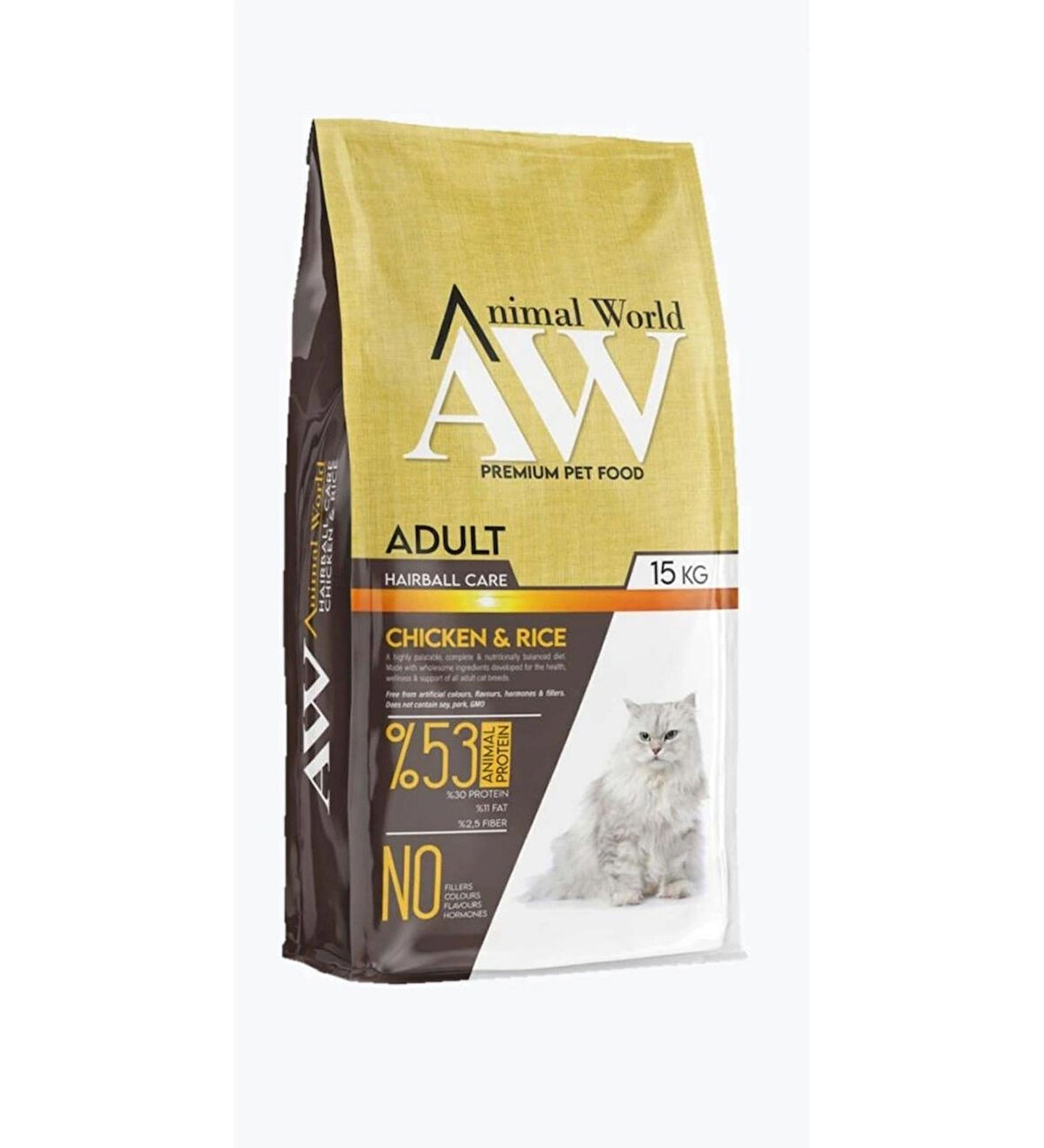 Animal World Hairball Tüy Yumağı Önleyici 15 Kg Tavuklu%Pirinçli Yetişkin Kedi Maması