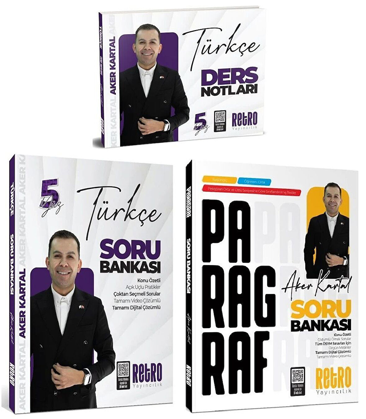 Retro 2025 KPSS Türkçe 5Yüz Ders Notları + Soru Bankası + Paragraf Soru Bankası 3 lü Set - Aker Kartal Retro Yayıncılık