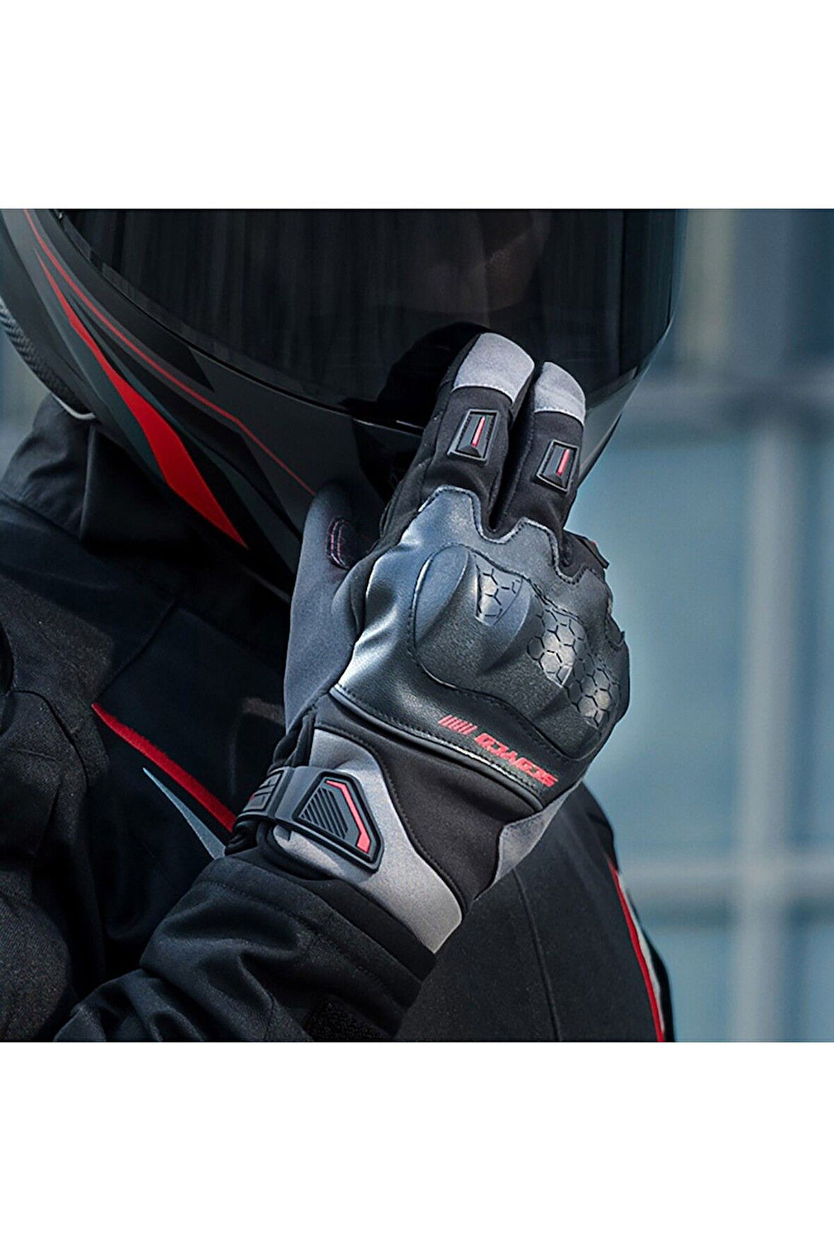 Motosiklet Kışlık Eldiven Waterproof Oxford ve Deri Kumaş Premium Motor Korumalı Eldiveni Red