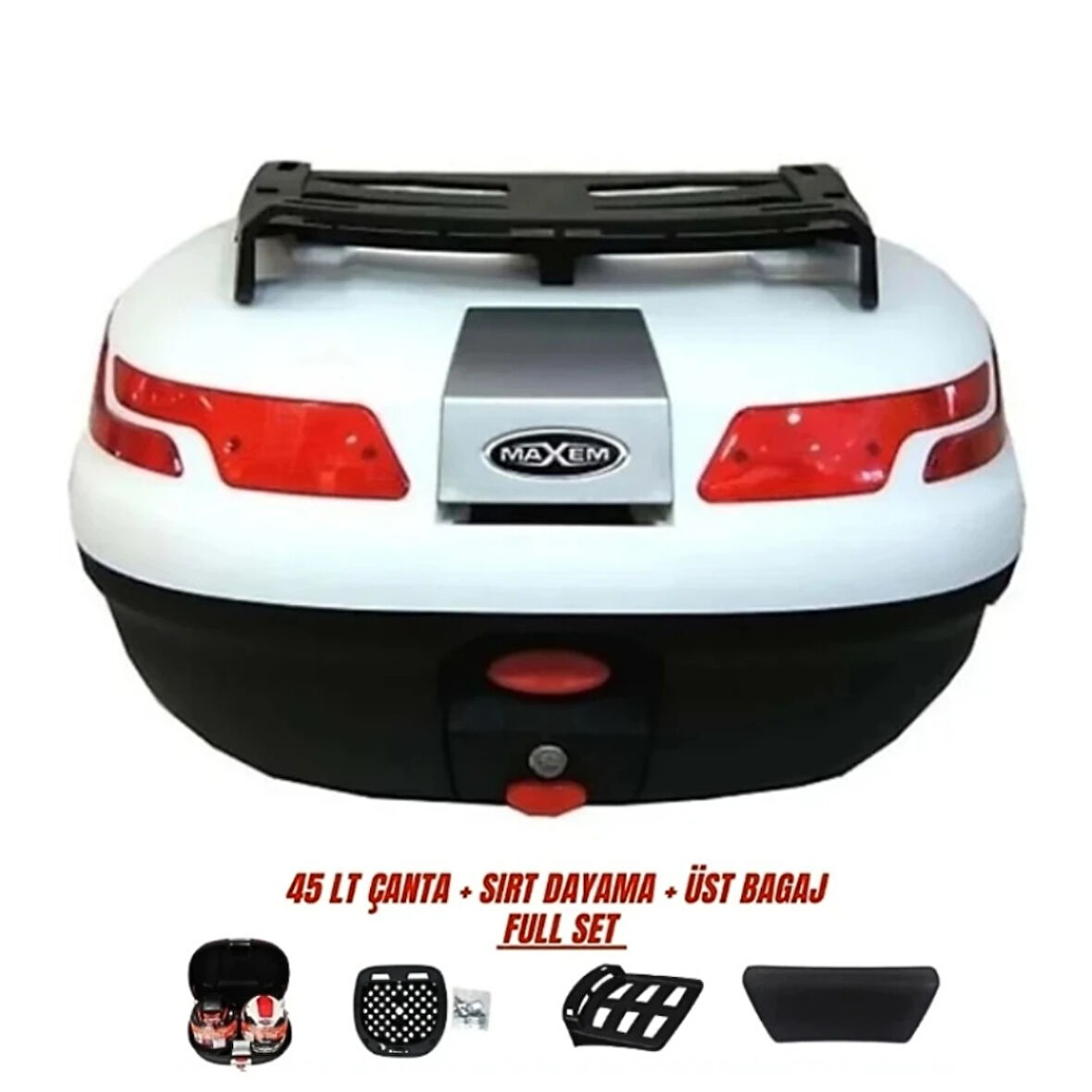 Motosiklet Arka Çanta 45 Litre Sırt Dayama ve Üst Tabla Full Set Beyaz