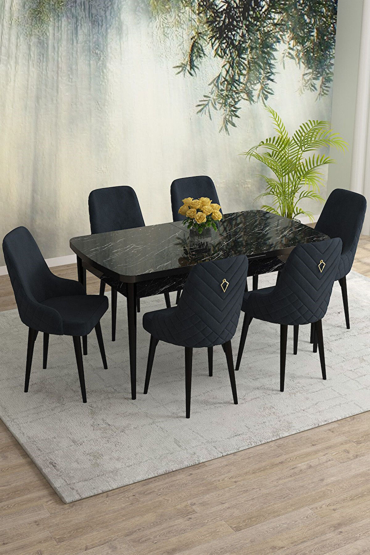 Meri Siyah Mermer 80x132 Açılabilir Mdf Masa Yemek Odası Takımı, Mutfak Takımı 6 Adet Sandalye