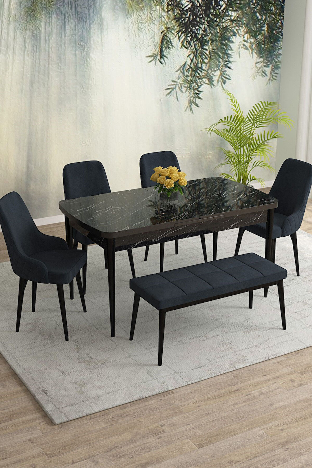 Meri Siyah Mermer 80x132 Açılabilir Mdf Masa Yemek Odası Takımı,Mutfak Masa Takımı 4 Sandalye 1Bench