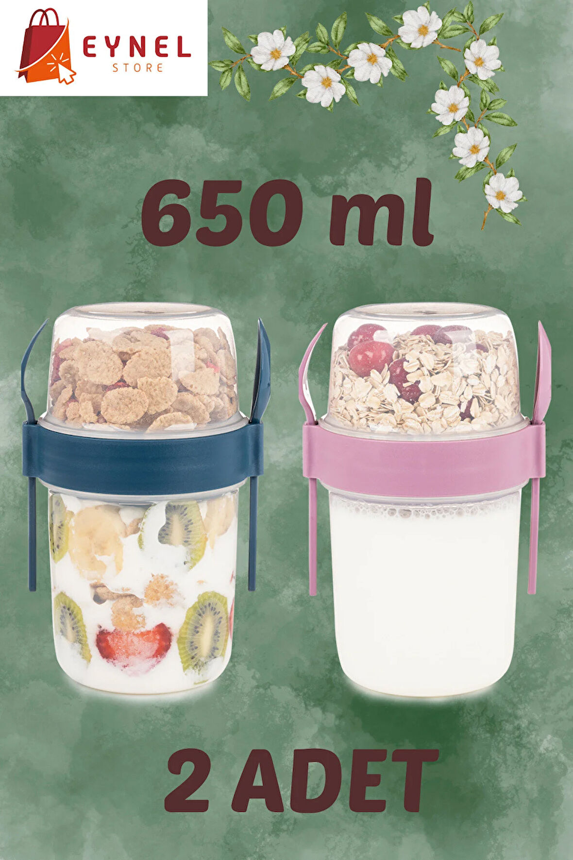 2li Set 650 ml Take-go Kaşıklı Hazneli Meyveli Yoğurt Kabı Piknik Atıştırmalık Granola Süt Bardağı