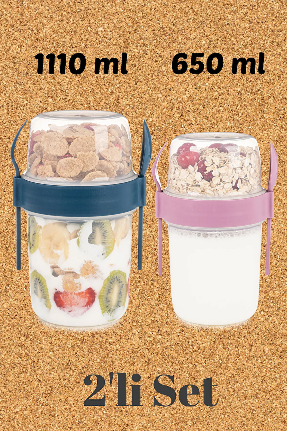 2li Set 1100 ve 650 ml Kaşıklı Hazneli Meyveli Yoğurt Kabı Piknik Atıştırmalık Plastik Süt Bardak