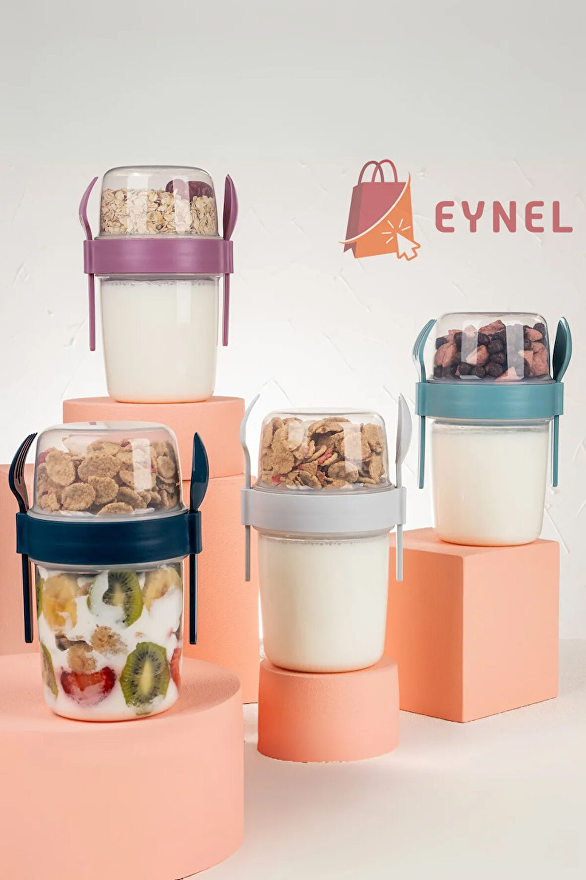 1100 ml Take-go Kaşıklı Hazneli Meyveli Yoğurt Kabı Piknik Atıştırmalık Granola Yoğurt Süt Bardağı