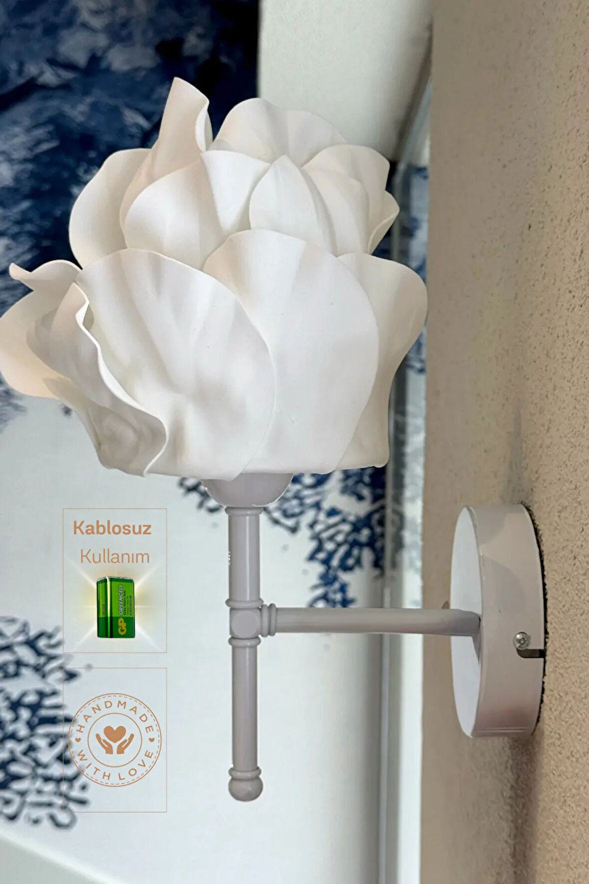 Beyaz Eva Anemon Tasarım Kablosuz Pilli Aplik - Alt Beyaz (Tüm Boy 35 cm)