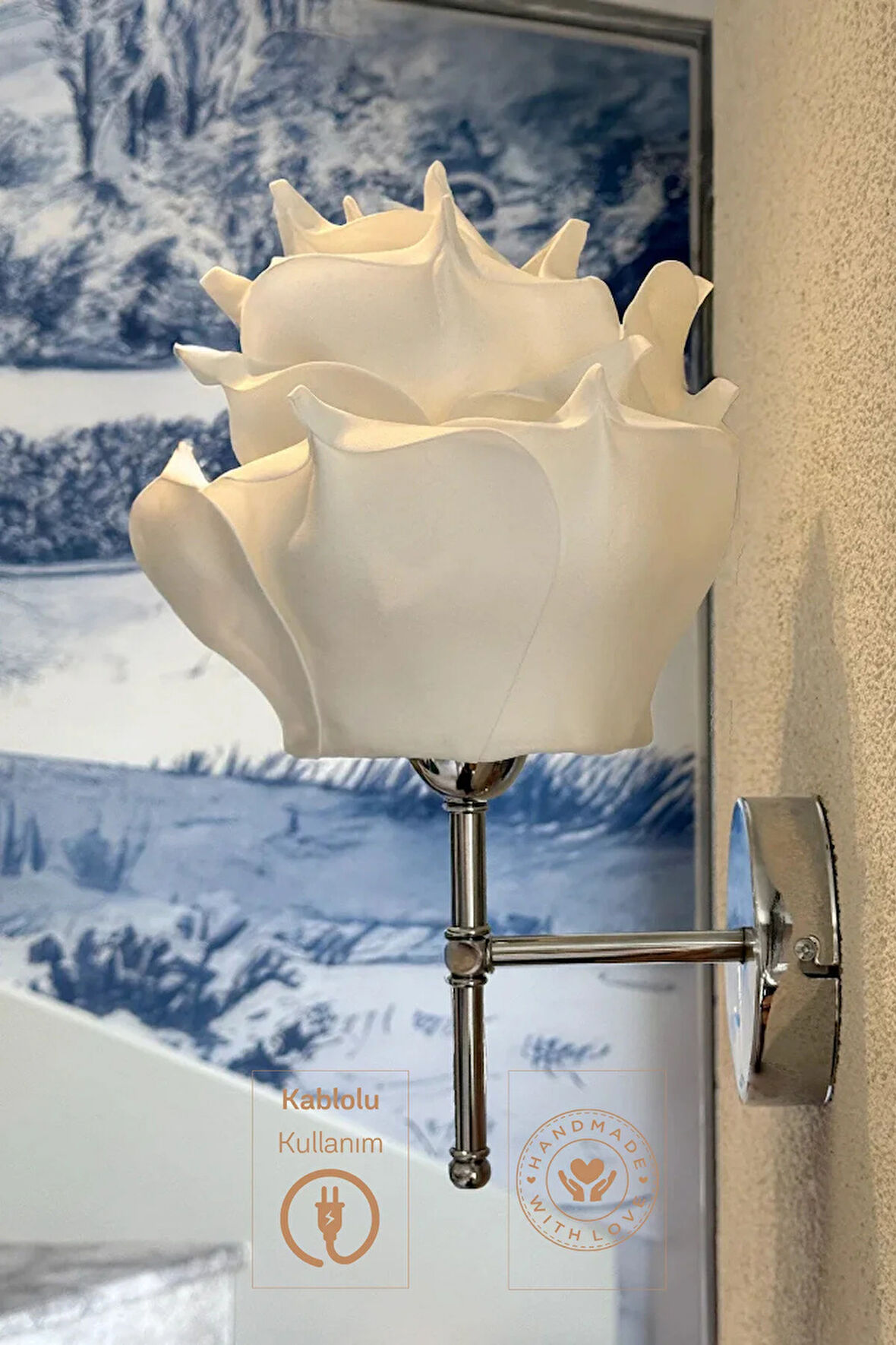 Beyaz Eva Gül Tasarım Kablolu Aplik - Alt Gümüş (TÜM BOY 35 CM)