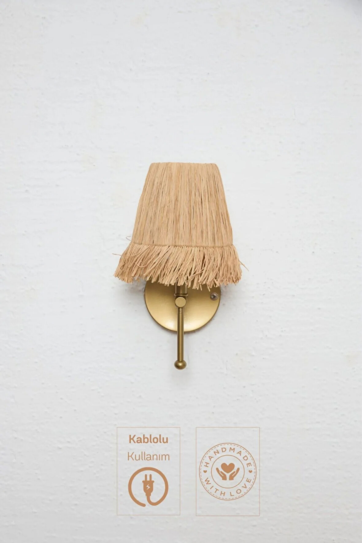 Rafya Saçaklı Bohem Hasır Kablolu Duvar Aydınlatması Aplik - Alt Eskitme Gold