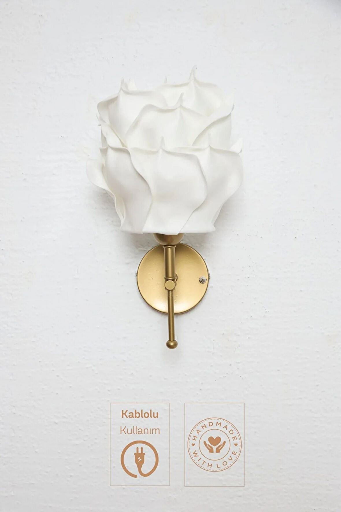 Beyaz Eva Gül Tasarım Kablolu Duvar Aydınlatması Aplik - Alt Eskitme Gold