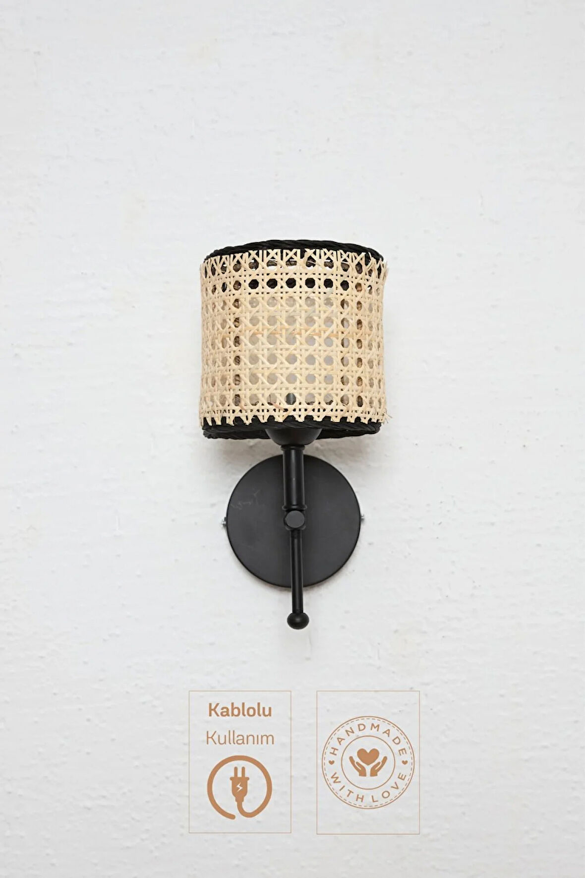 Hazeran & Rattan Siyah Kablolu Duvar Aydınlatması Aplik - Alt Siyah