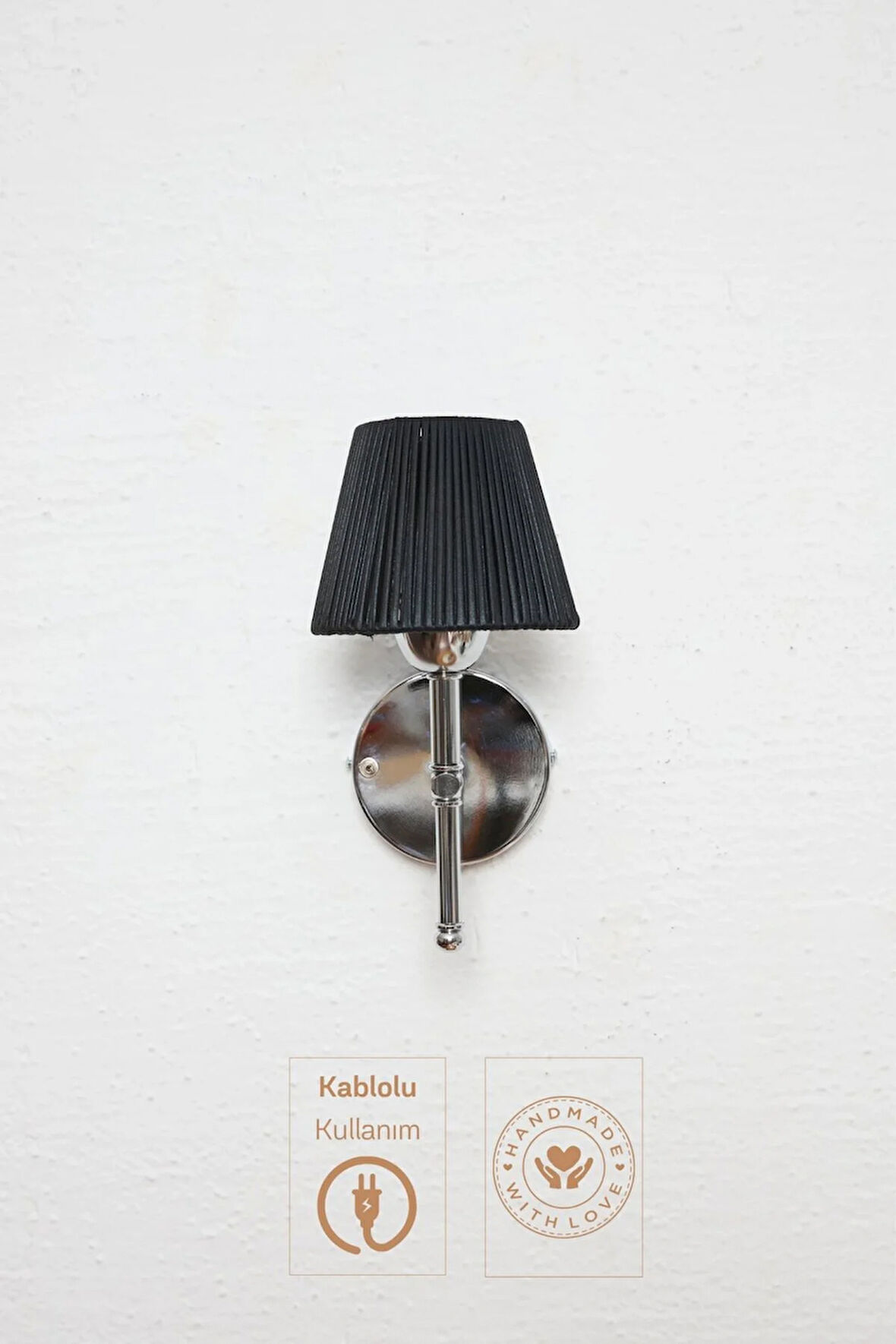 Siyah Deri Kablolu Duvar Aydınlatması Aplik - Alt Gümüş