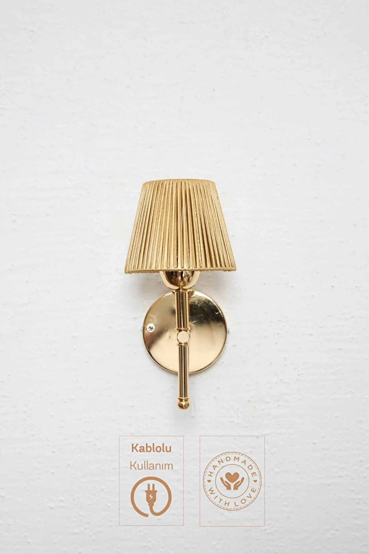 Parlak Gold Deri Kablolu Duvar Aydınlatması Aplik - Alt Parlak Gold