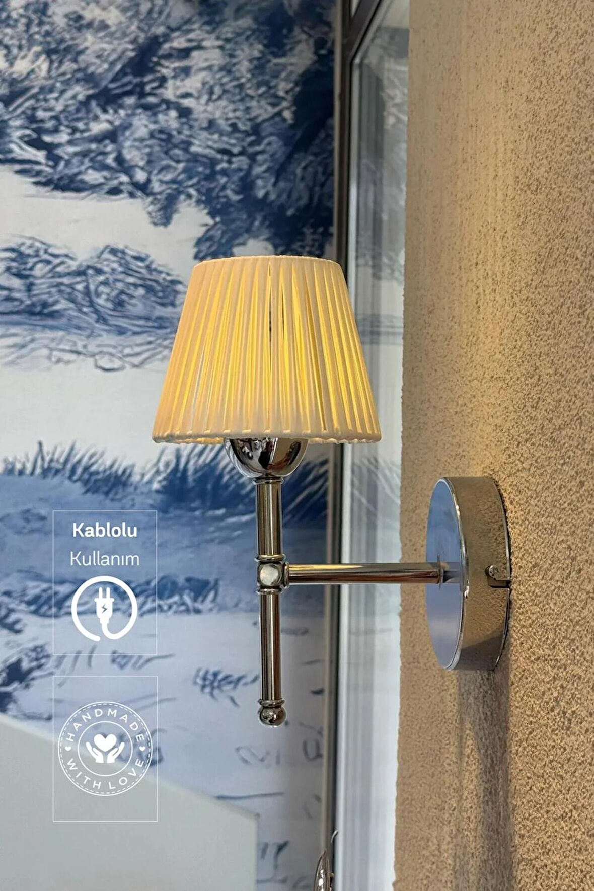 Beyaz Deri Tasarım Kablolu Duvar Aydınlatması Aplik - Alt Gümüş