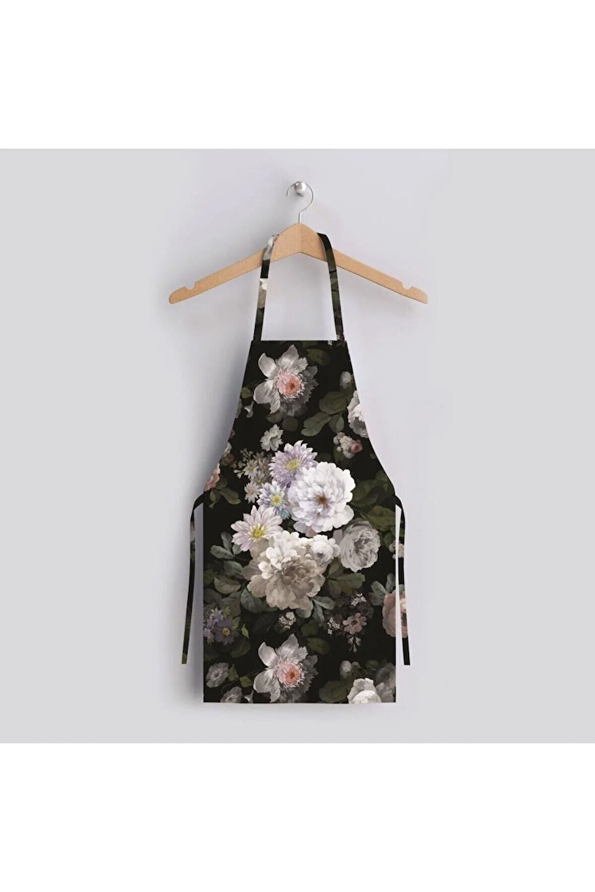 Siyah Çiçek Tasarımlı Mutfak Önlüğü (keten Kumaş, Uluslararası Yıkama Ve Solmama Sertifikası)