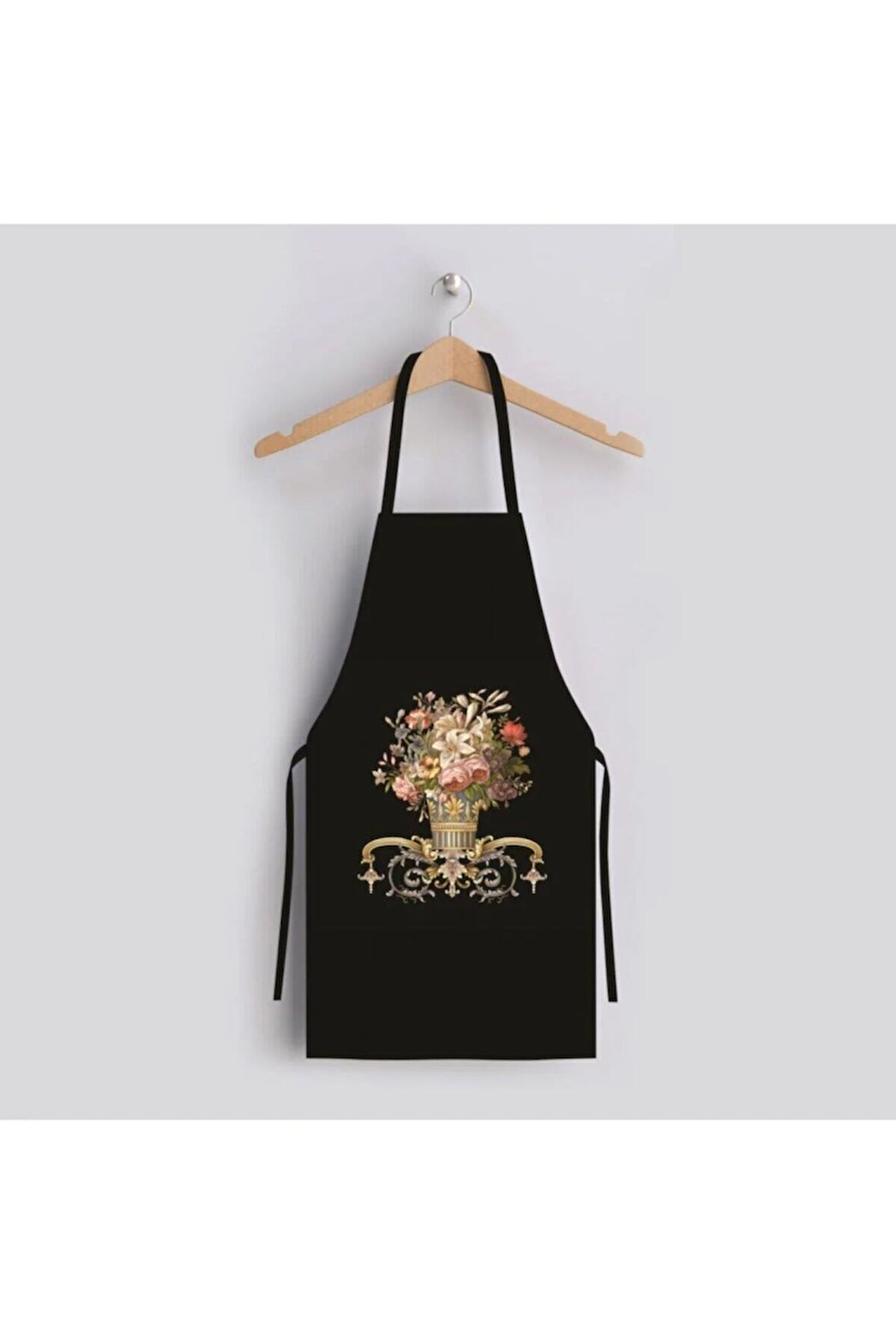 Siyah Figüratif Çiçek Mutfak Önlüğü (Keten Kumaş, Uluslararası Yıkama Ve Solmama Sertifikası)