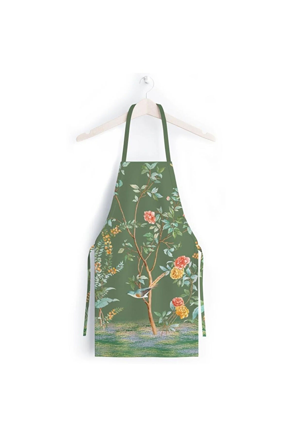 Yeşil Çiçek Detaylı Mutfak Önlüğü (Keten Kumaş, Uluslararası Yıkama Ve Solmama Sertifikası)