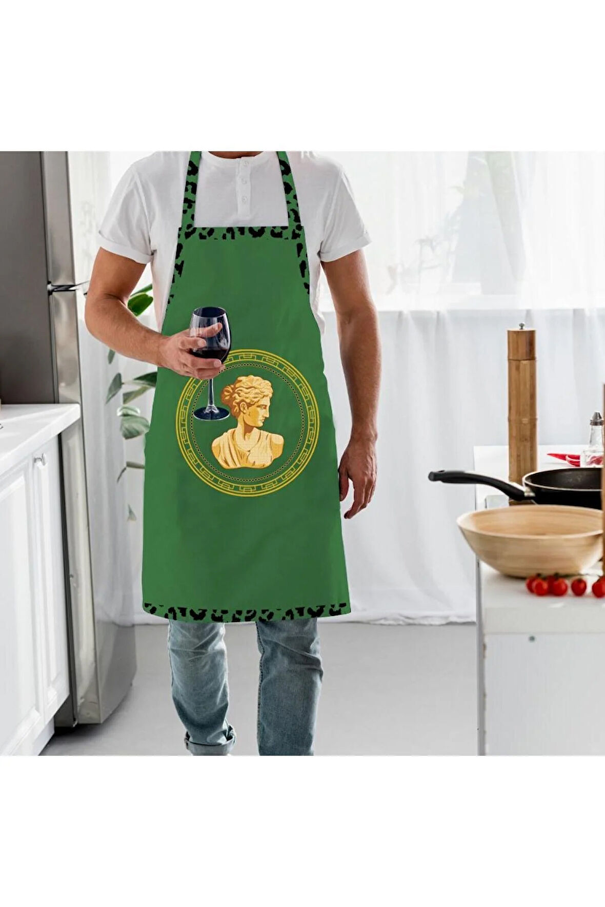 Yeşil Büst Detaylı Mutfak Önlüğü (Keten Kumaş, Uluslararası Yıkama Ve Solmama Sertifikası)