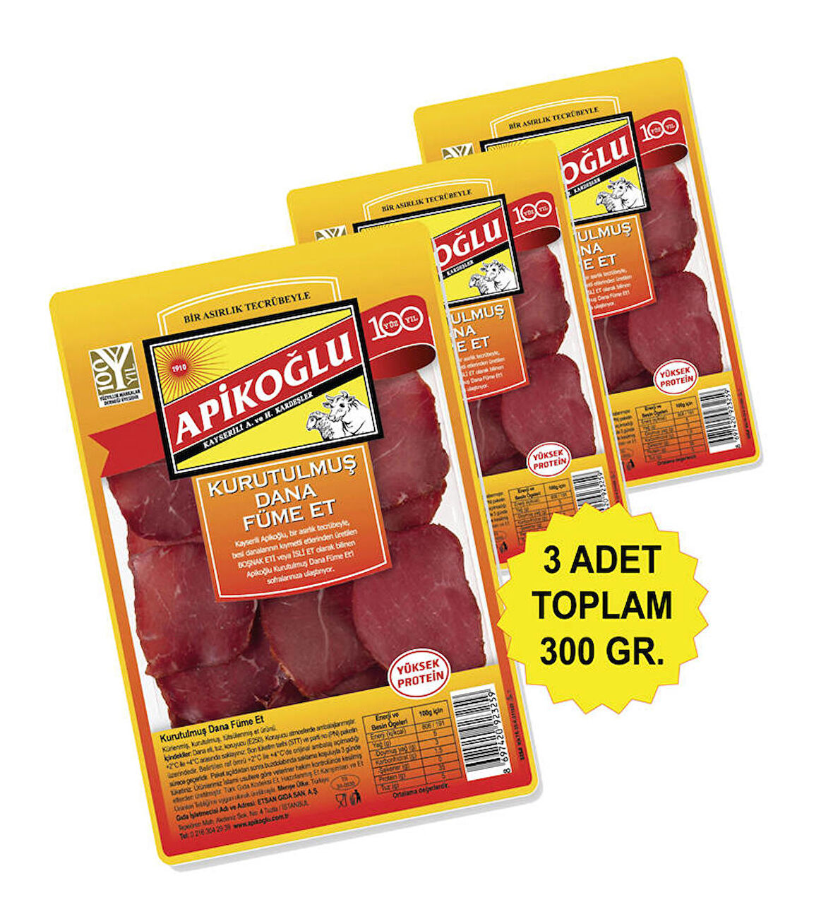 Yüksek Proteinli Kurutulmuş Dana Füme Et 100 Gr. Üçlü Paket (Toplam 300 Gr.)