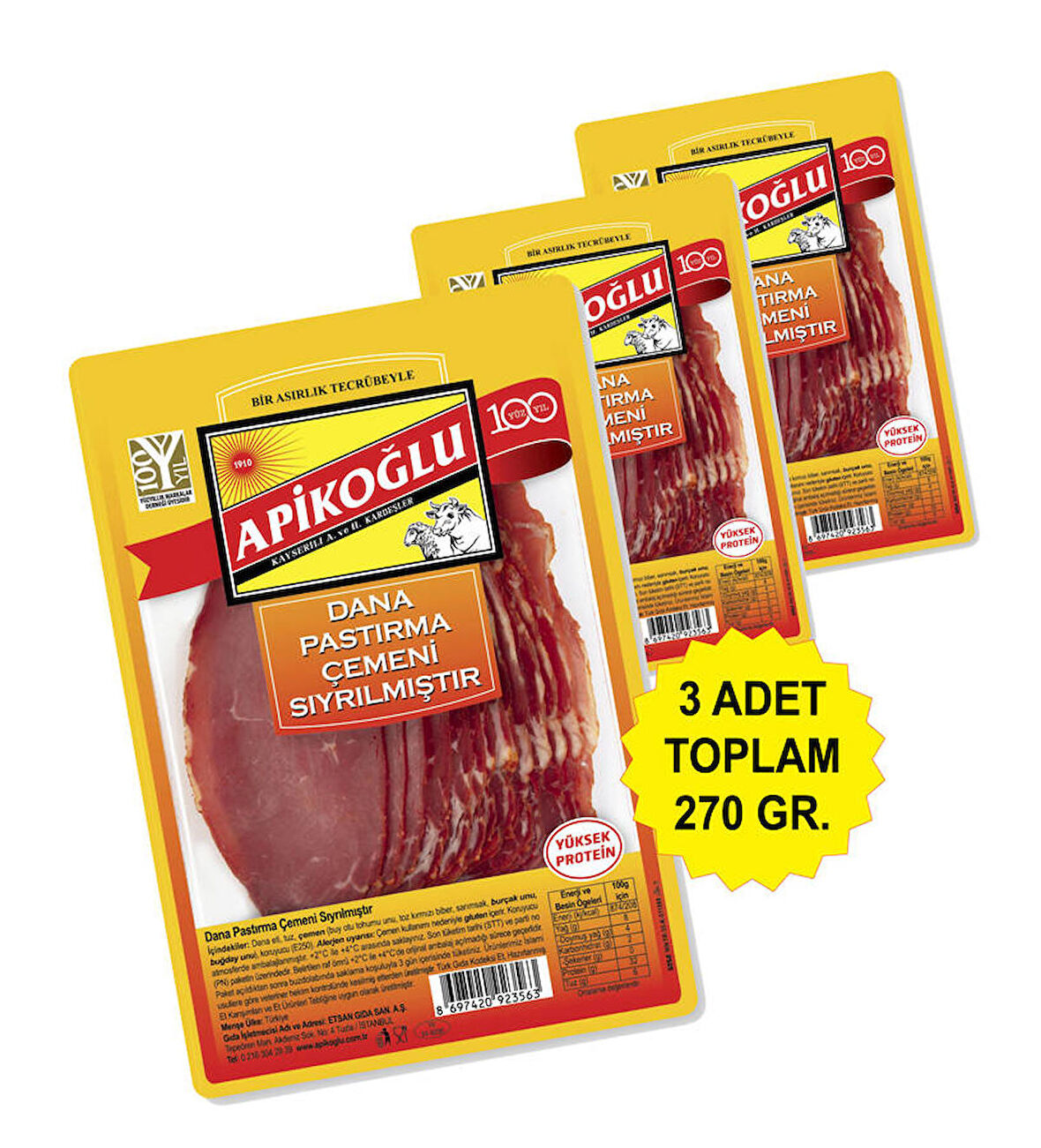 Çemeni Sıyrılmış Dilimli Dana Kontrfile Pastırma 90 Gr. Üçlü Paket (Toplam 270 Gr.)