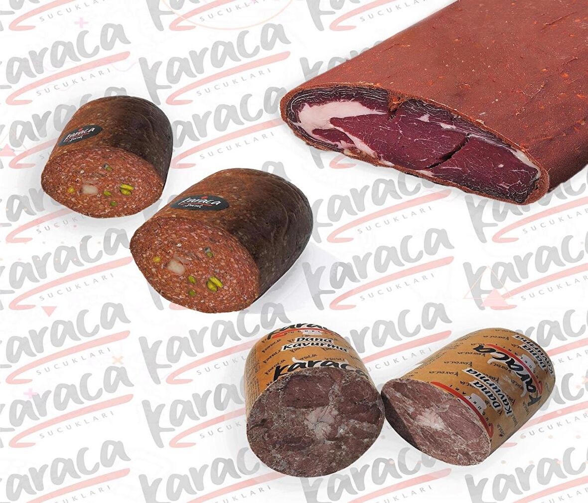 Karaca  Göden Antep Fıstıklı ve Hellim Peynirli Sucuk 250 Gr Tütünlük Pastırma 250 Gr Blok Dana Kavurma 250 Gr