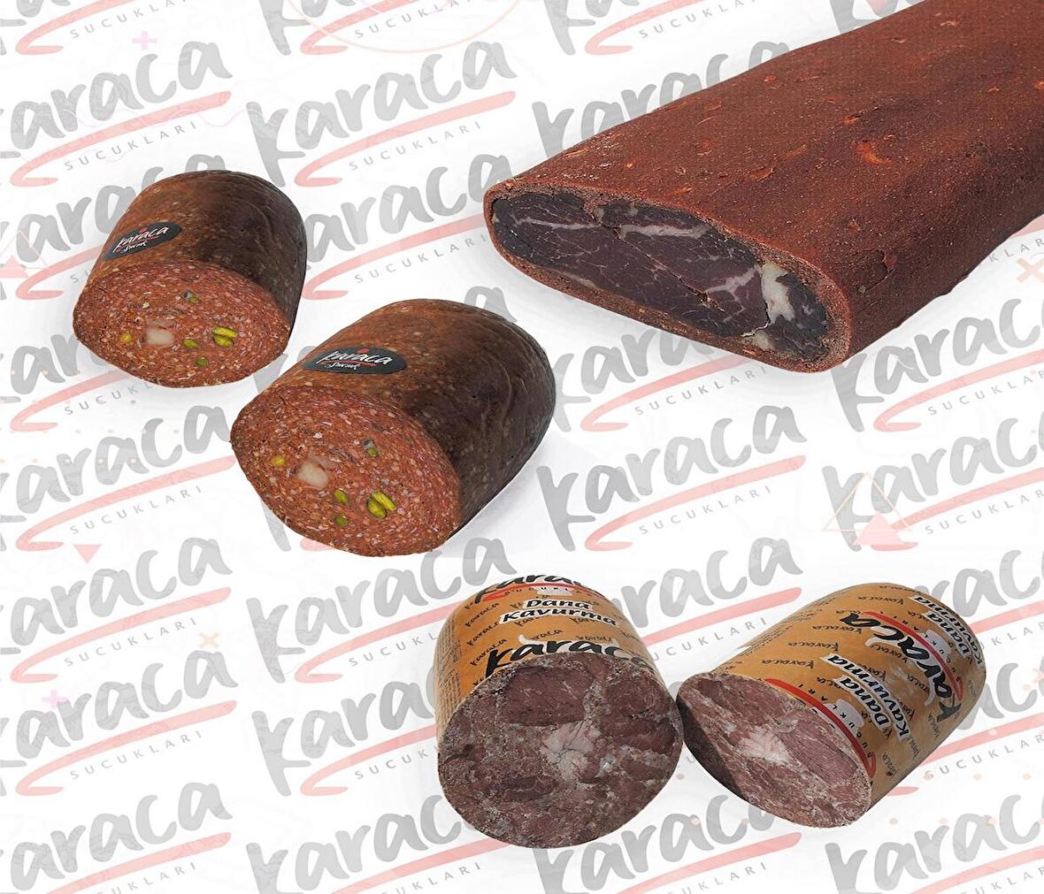 Karaca  Göden Antep Fıstıklı ve Hellim Peynirli Sucuk 500 Gr Bonfile Kuşgömü Çemensiz Pastırma 500 Gr Blok Dana Kavurma 500 Gr