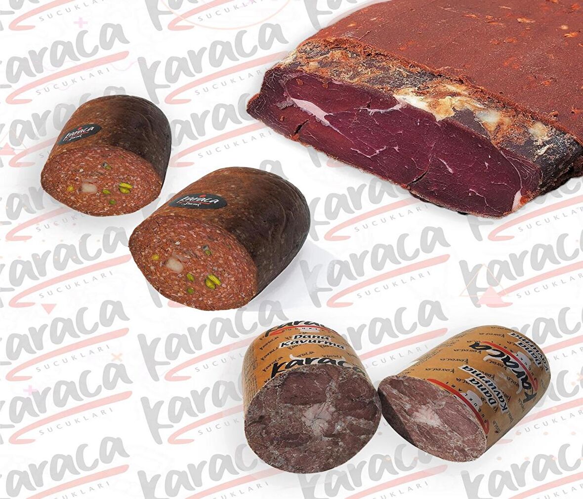 Karaca  Göden Antep Fıstıklı ve Hellim Peynirli Sucuk 750 Gr Sırt Çemensiz Pastırma 750 Gr Blok Dana Kavurma 750 Gr