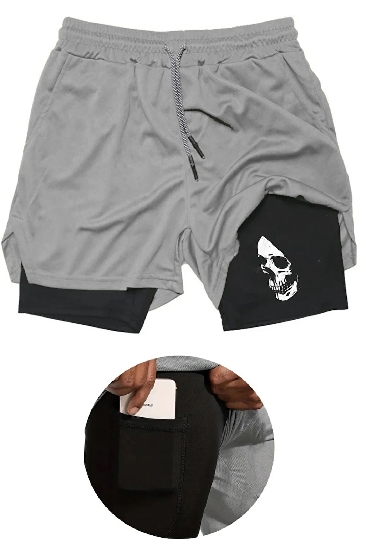 Taytlı Sporcu Şortu Skull Baskılı Spor Şort