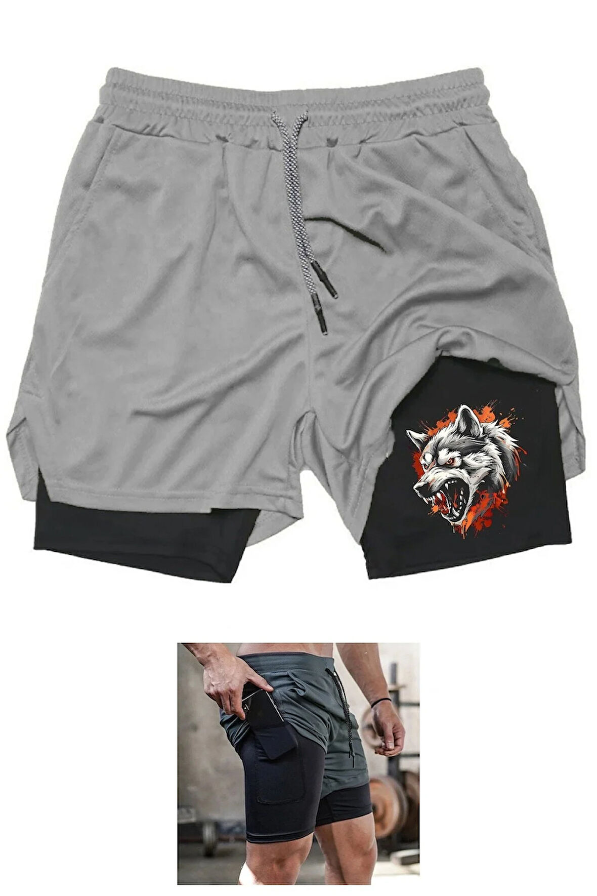 Taytlı Sporcu Şortu Kurt Baskılı Spor Şort Wolf